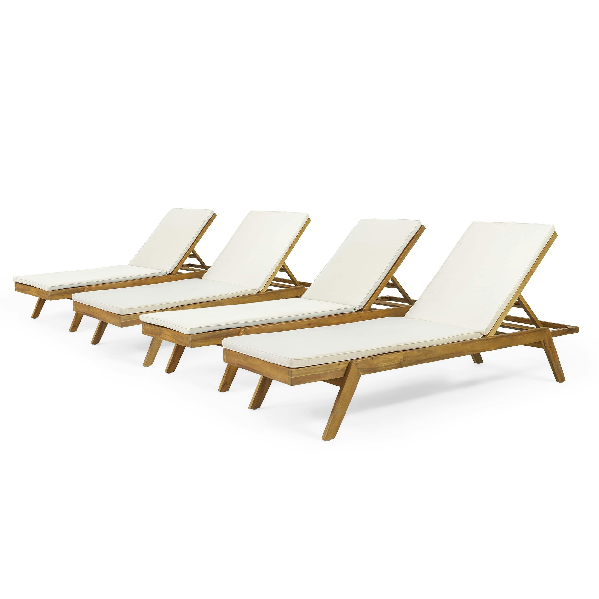 Teak and Cream Acacia Wood Adjustable Outdoor Chaise Lounge Set