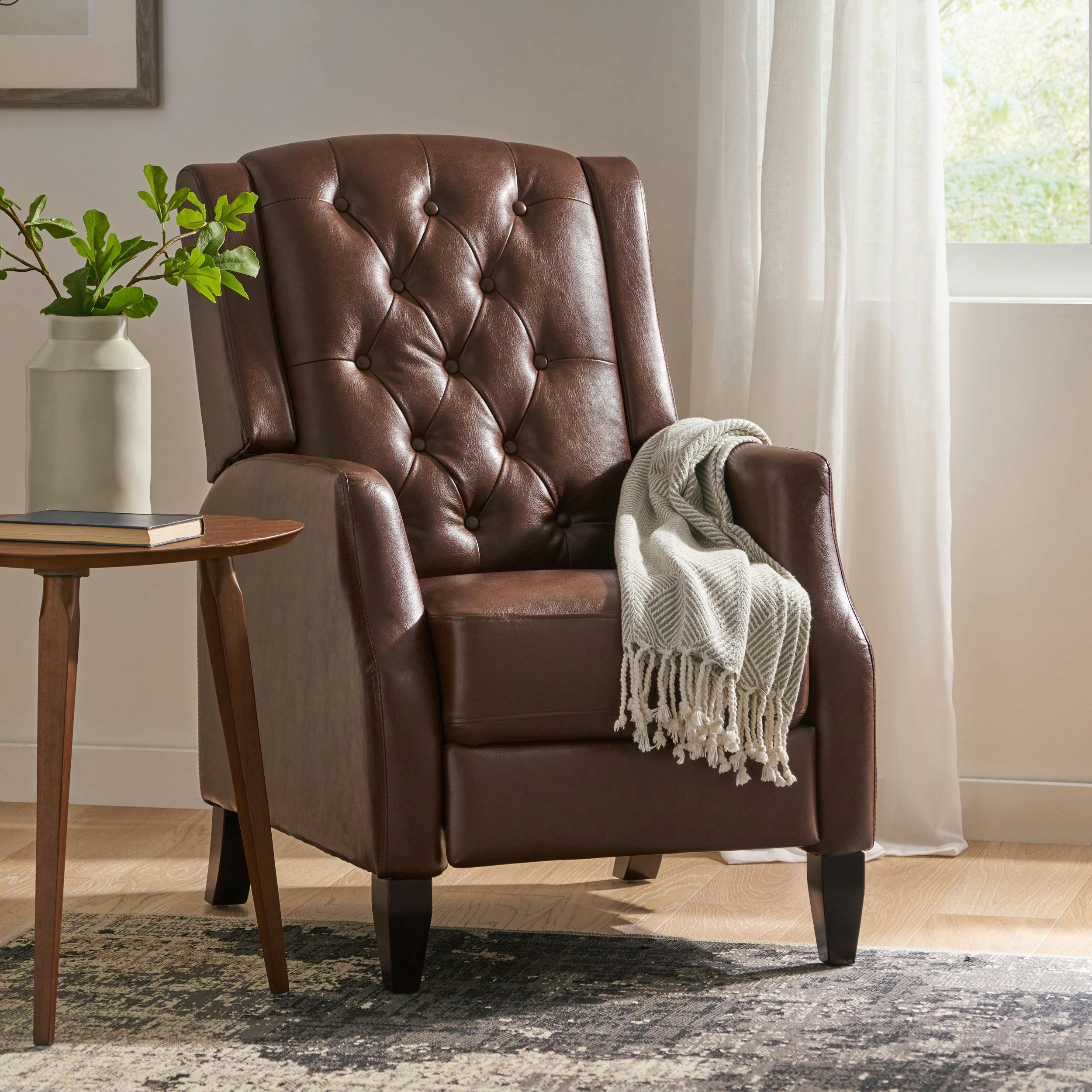 Chic Dark Brown Faux Leather Push-Back Club Recliner