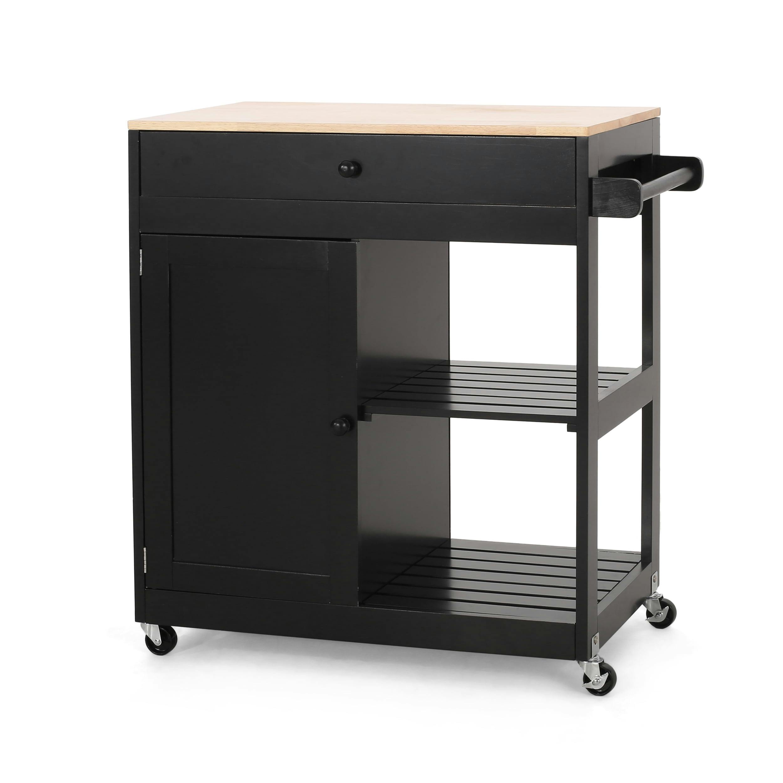 Contemporary Black and Natural Wood Kitchen Cart with Storage and Wheels