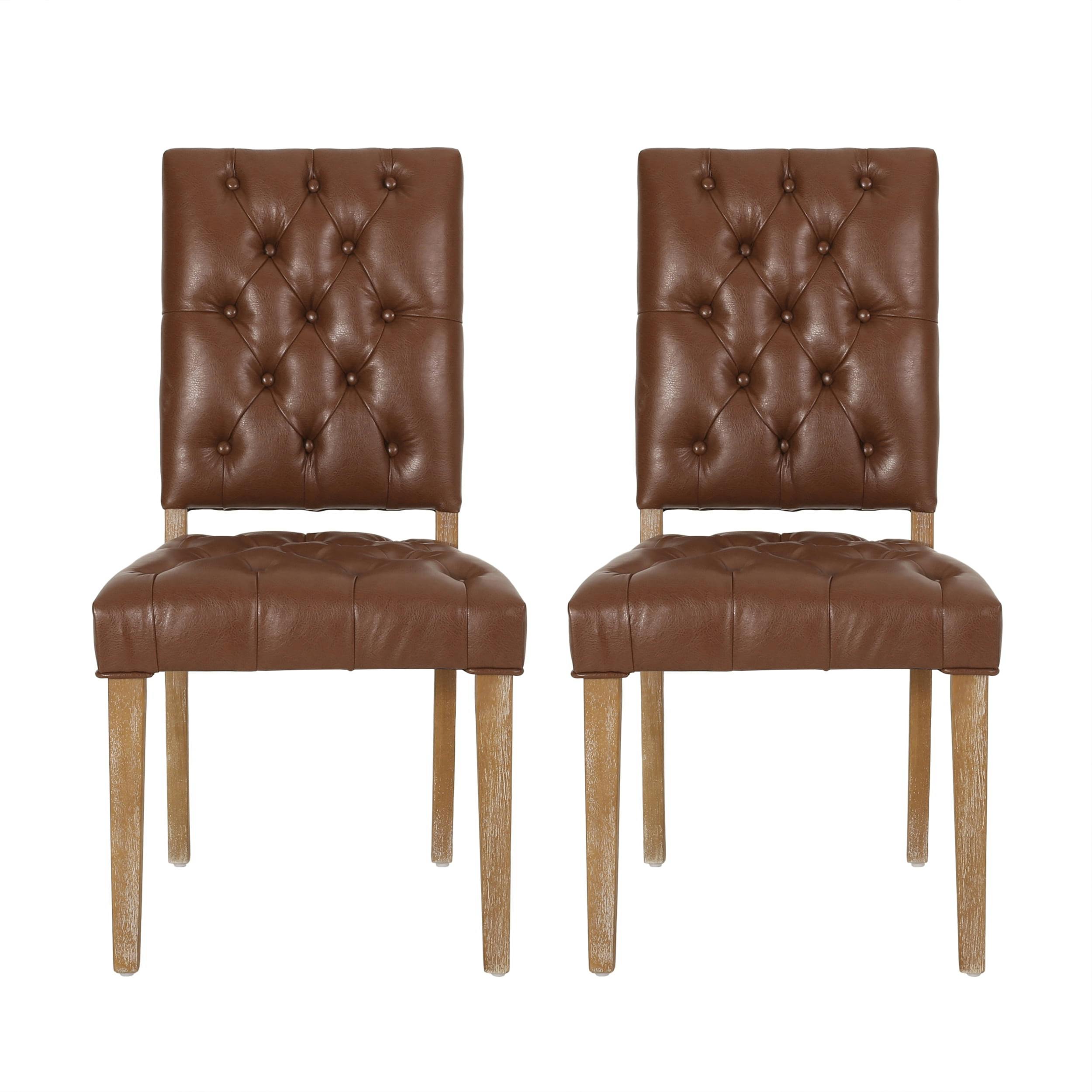Cognac Brown Upholstered Faux Leather Side Chair with Weathered Wood Legs