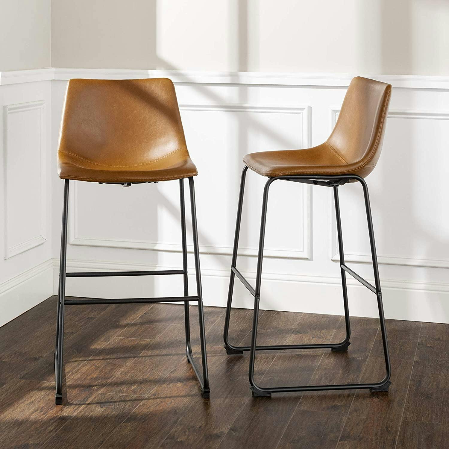 Whiskey Brown Faux Leather Industrial Bar Chairs, Set of 2