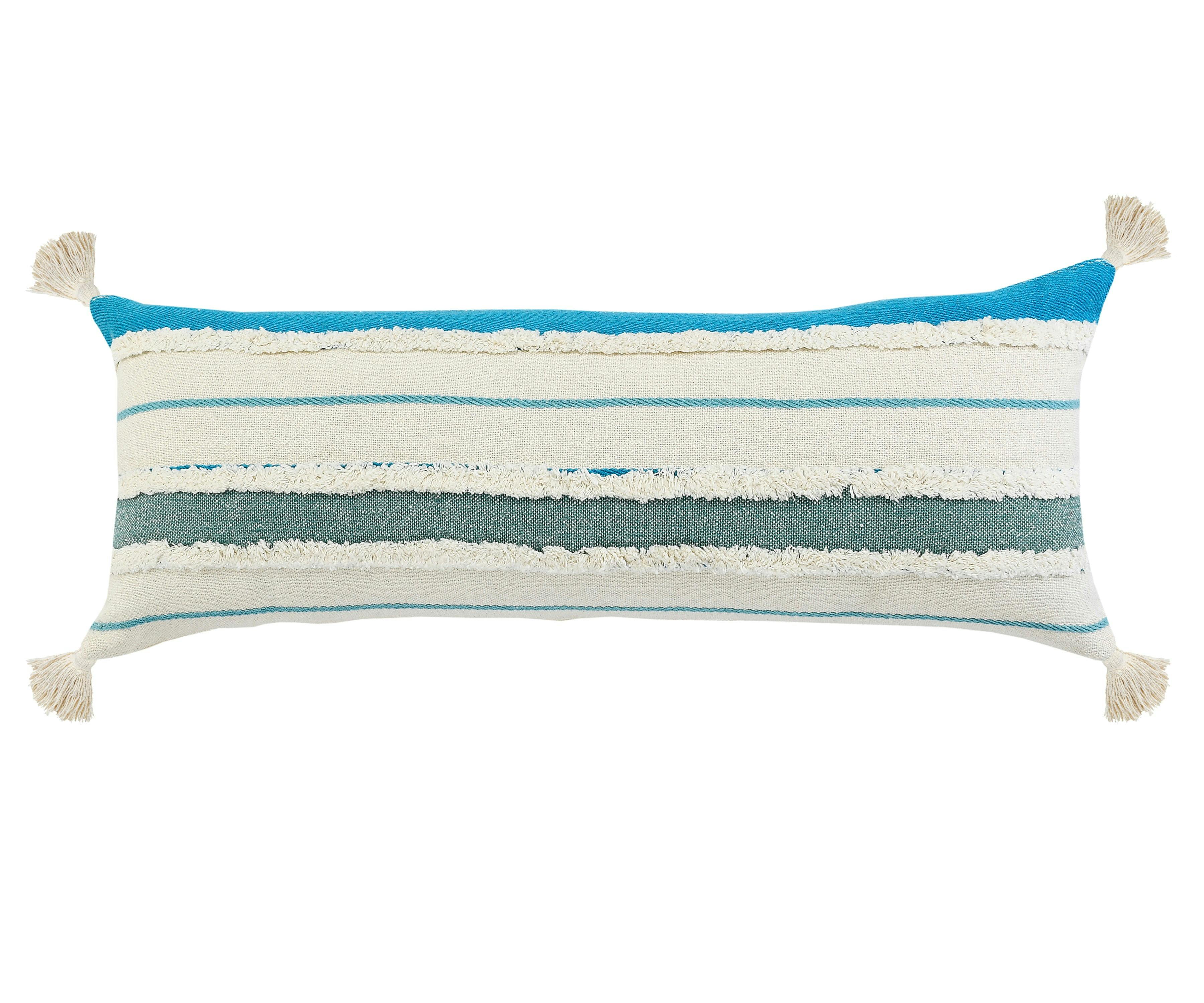 Aqua and White Bohemian Quarry Striped Lumbar Pillow, 14" x 36"