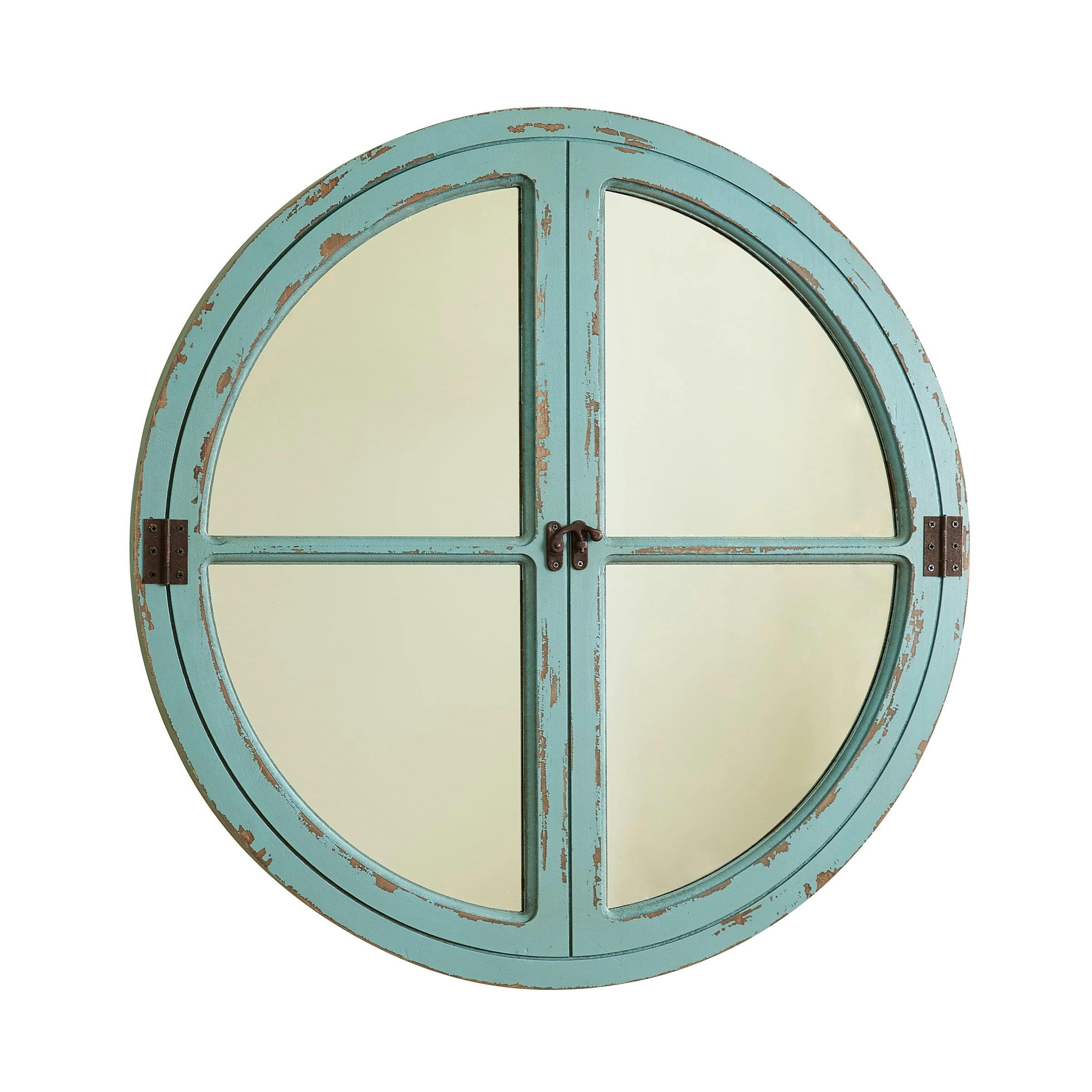 Bronze Finish Round Wooden Bathroom Mirror with Window Panes