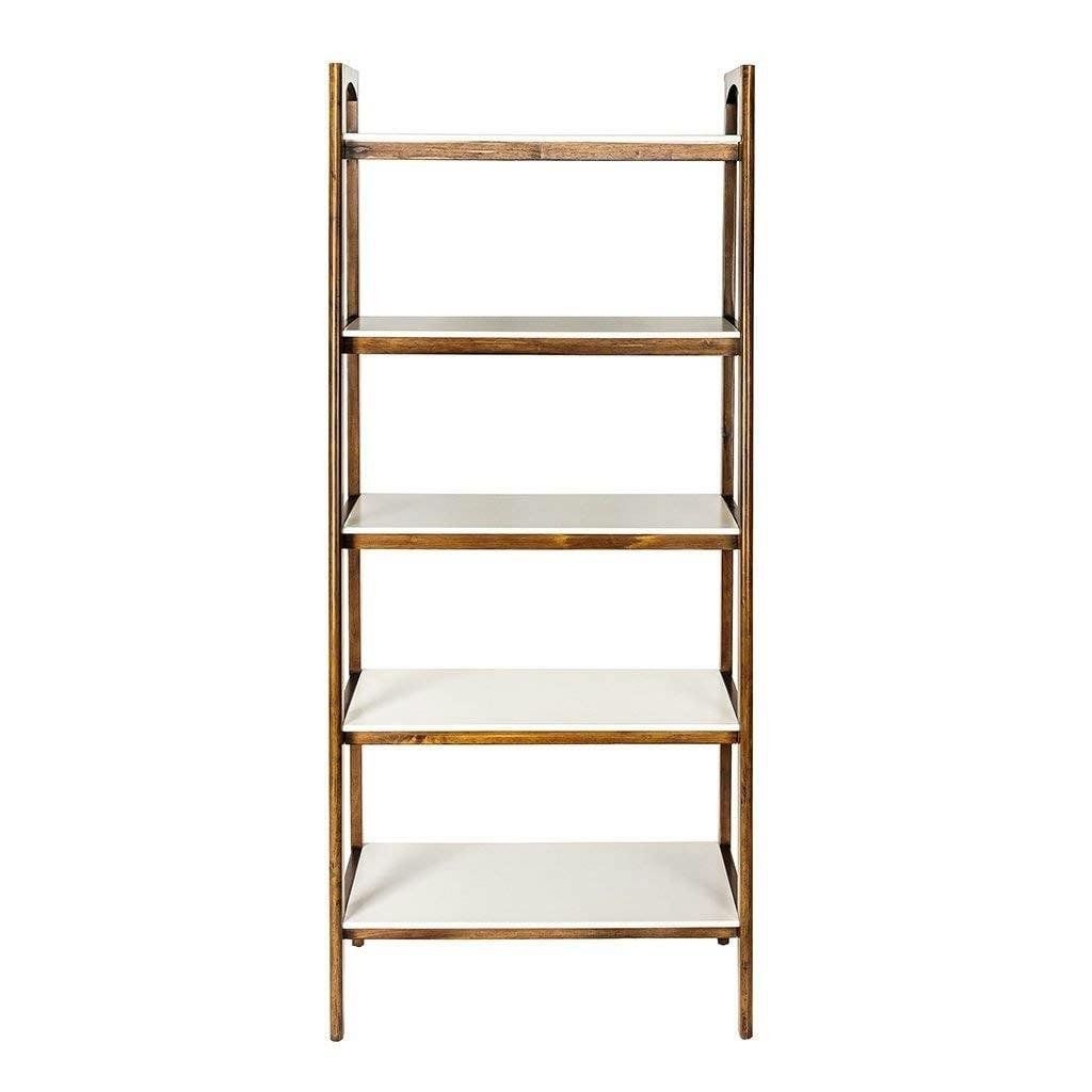 Mid-Century Pecan and Off-White Solid Wood Ladder Bookcase