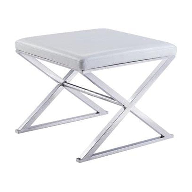 Compact Luxe White Faux Leather Bench with Chrome Base