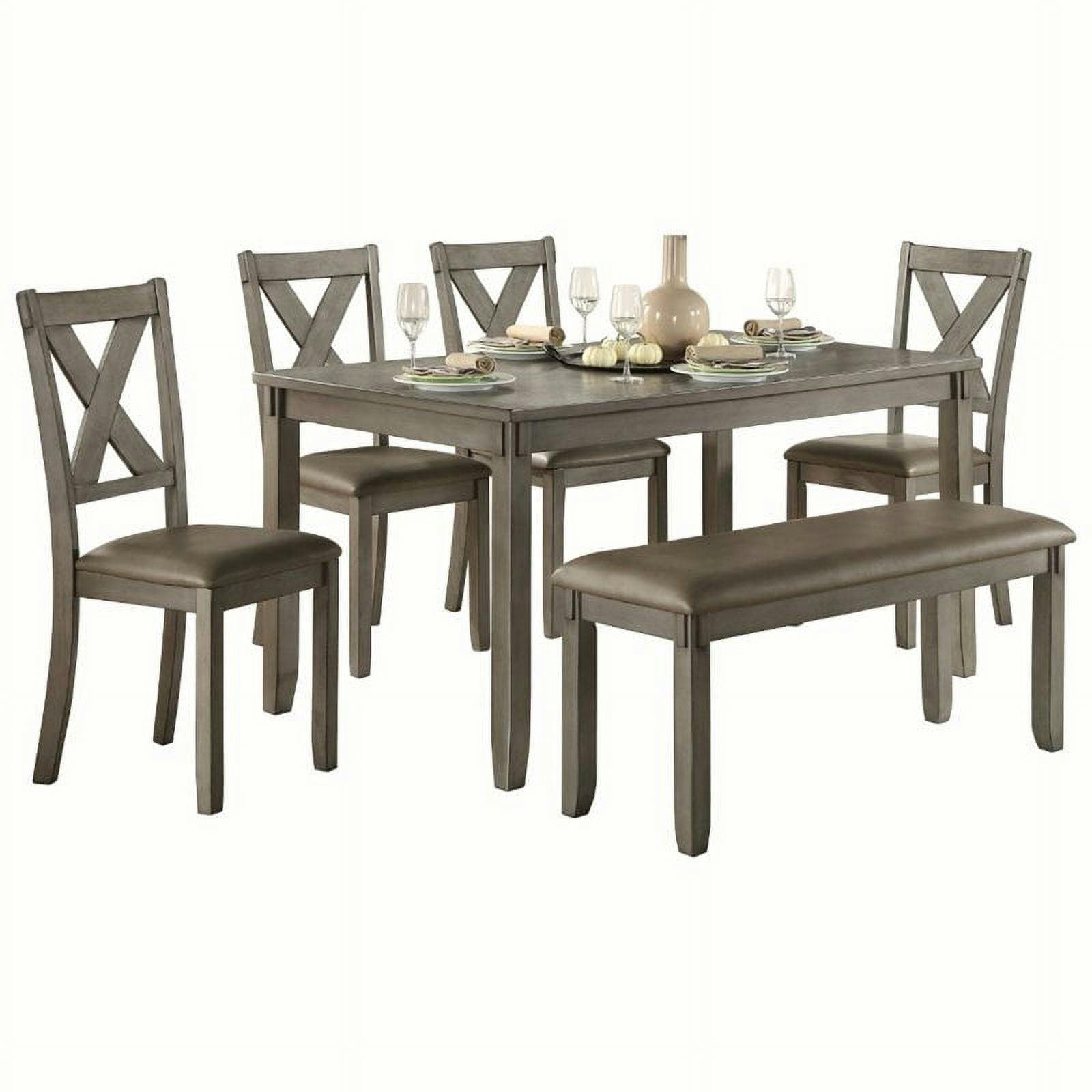 Transitional Gray 6-Piece Dining Set with Upholstered Chairs and Bench