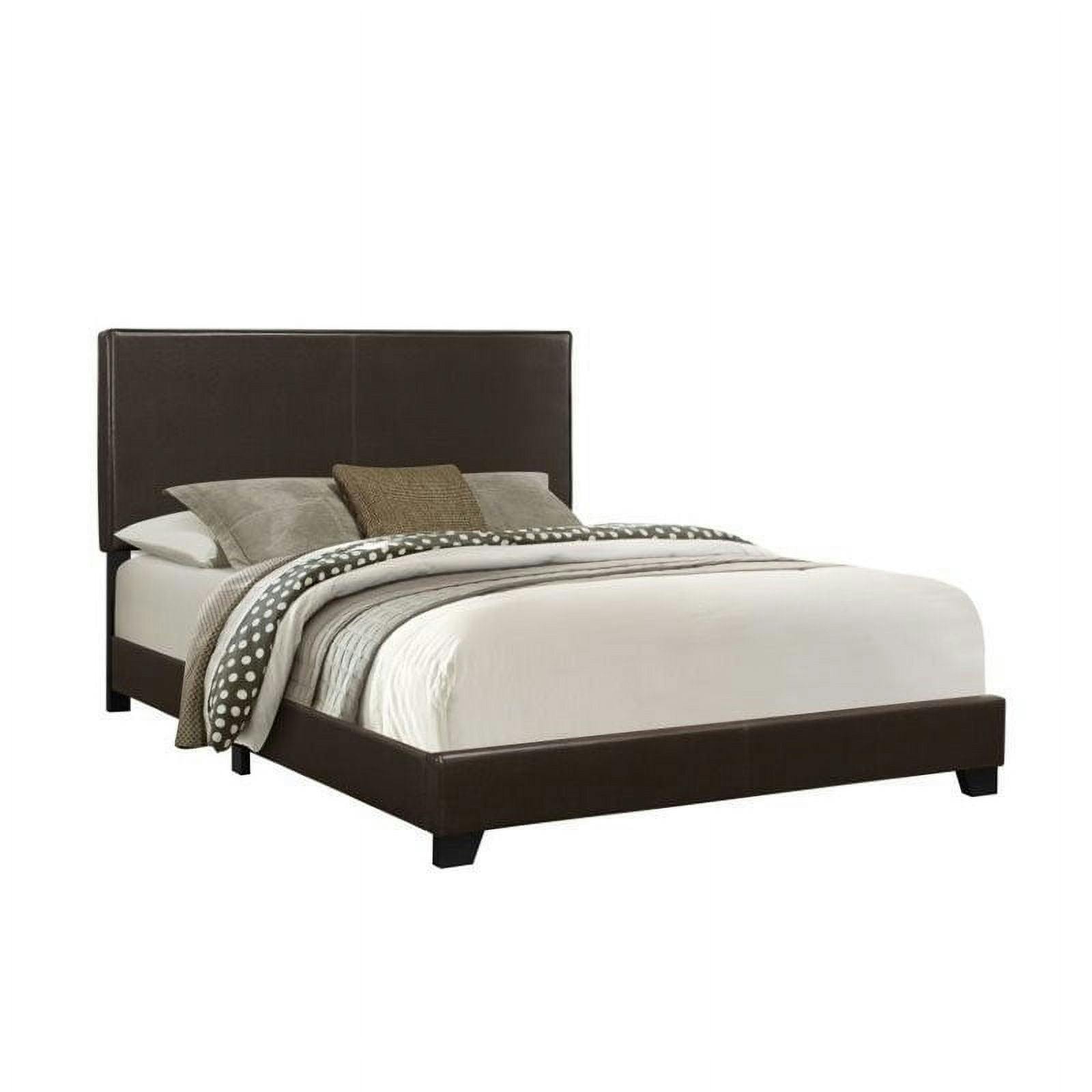 Transitional Queen Bed with Nailhead Trim in Dark Brown Leather