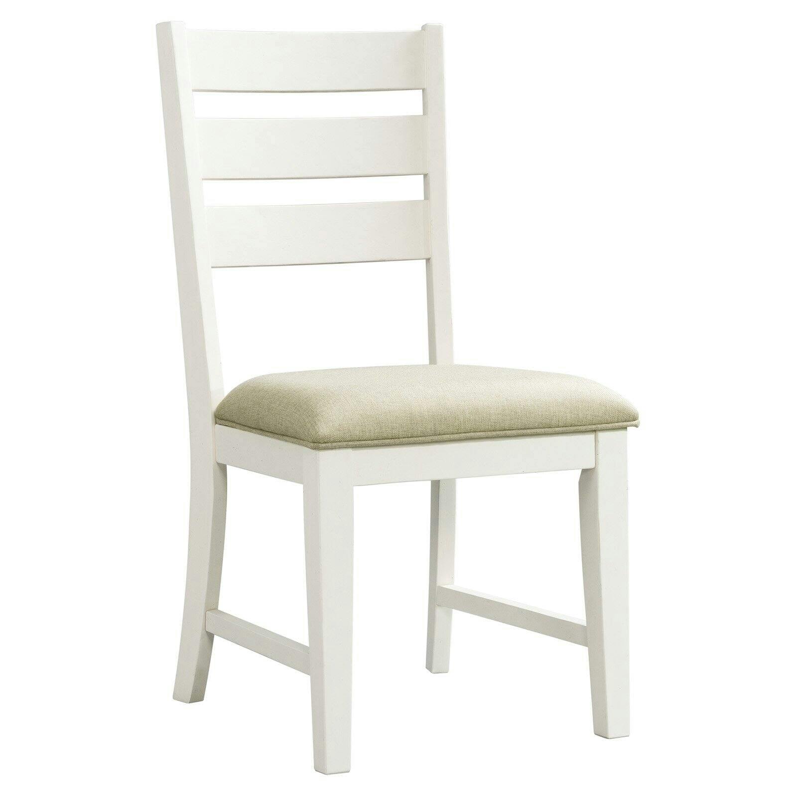 Farmhouse White Linen & Wood Ladder Back Side Chair Set