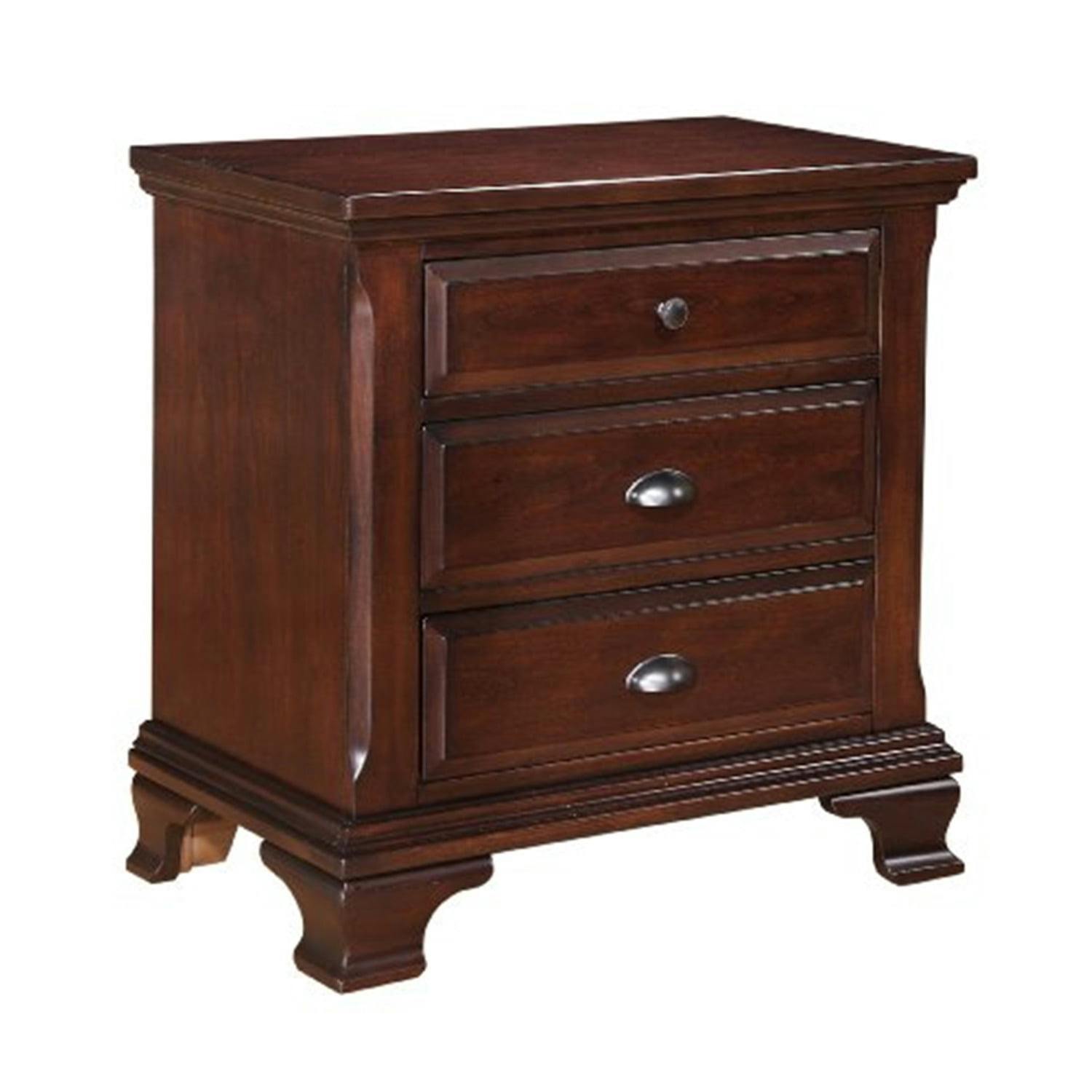 Transitional Deep Cherry 3-Drawer Nightstand with Pewter Knobs