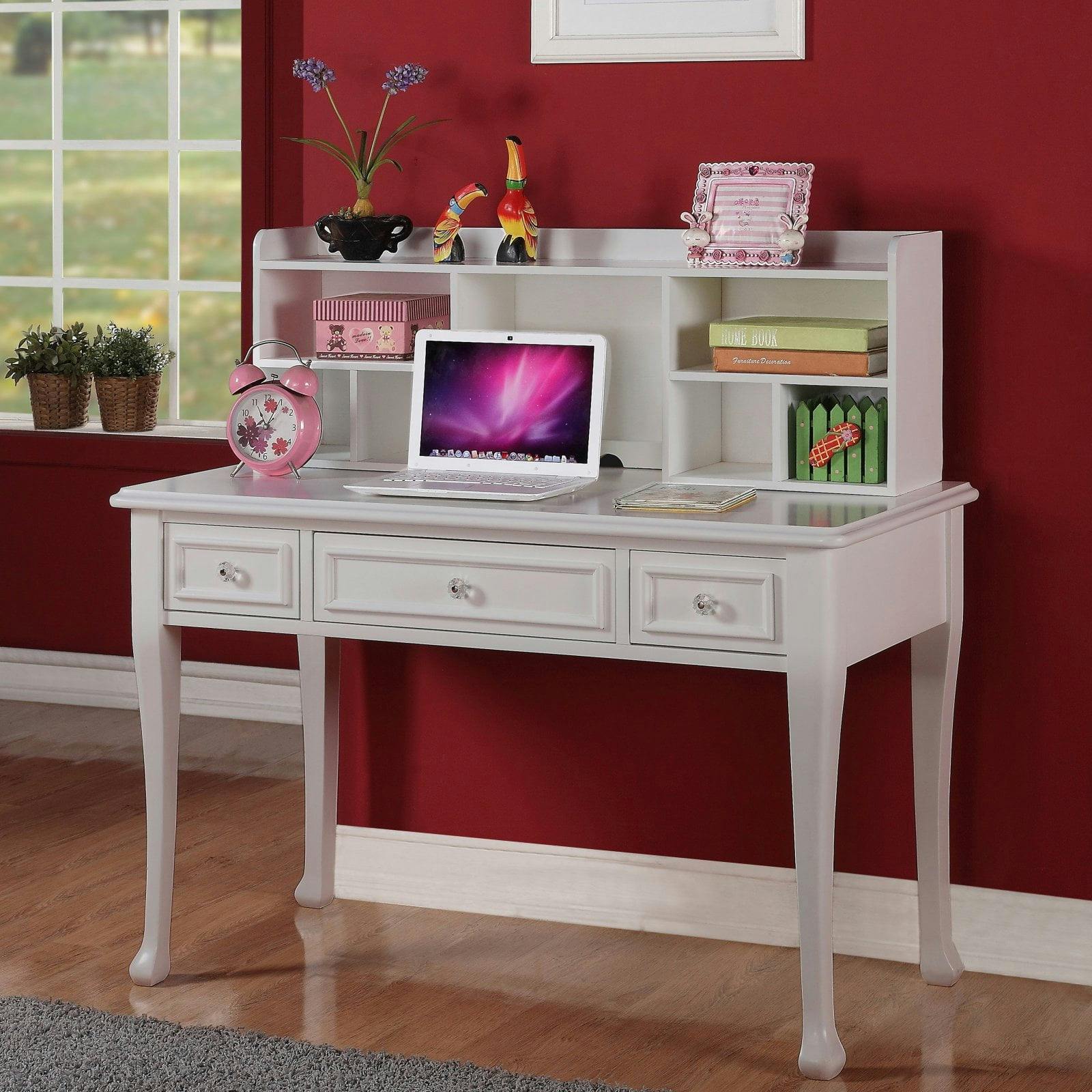 Transitional White Home Office Desk with 3 Sparkling Drawers
