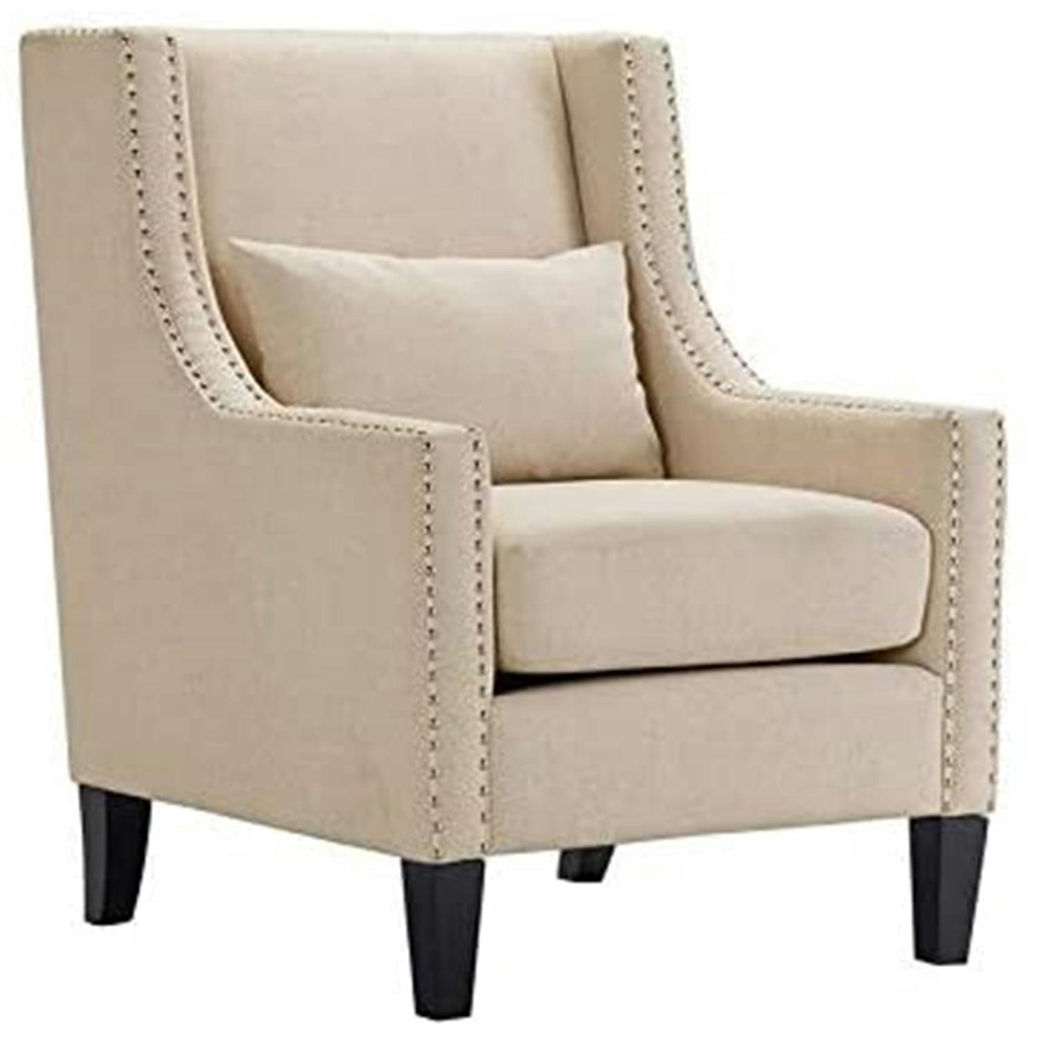 Transitional Beige Accent Arm Chair with Chrome Nailhead Trim