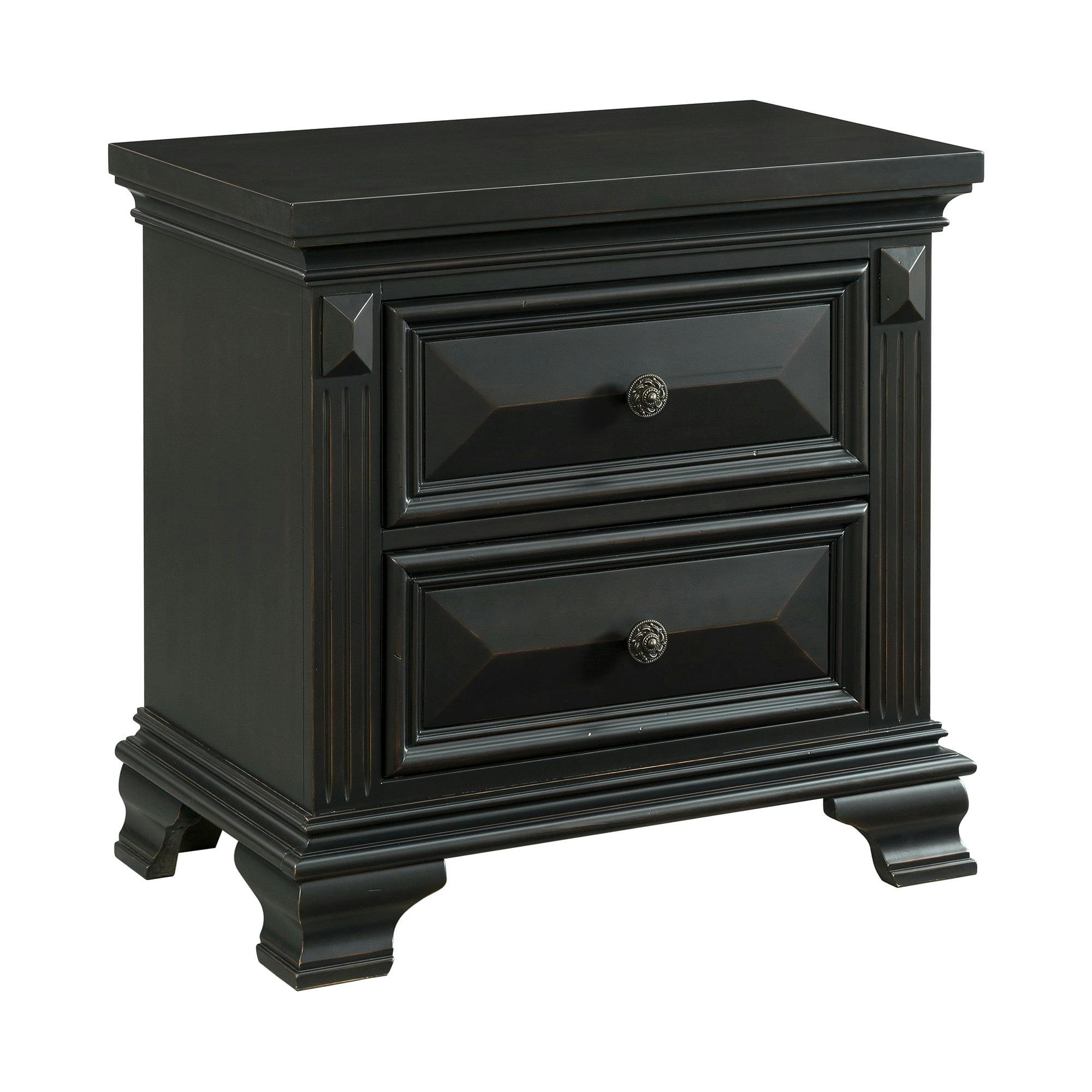Transitional Antique Black 2-Drawer Nightstand with Beveled Edges