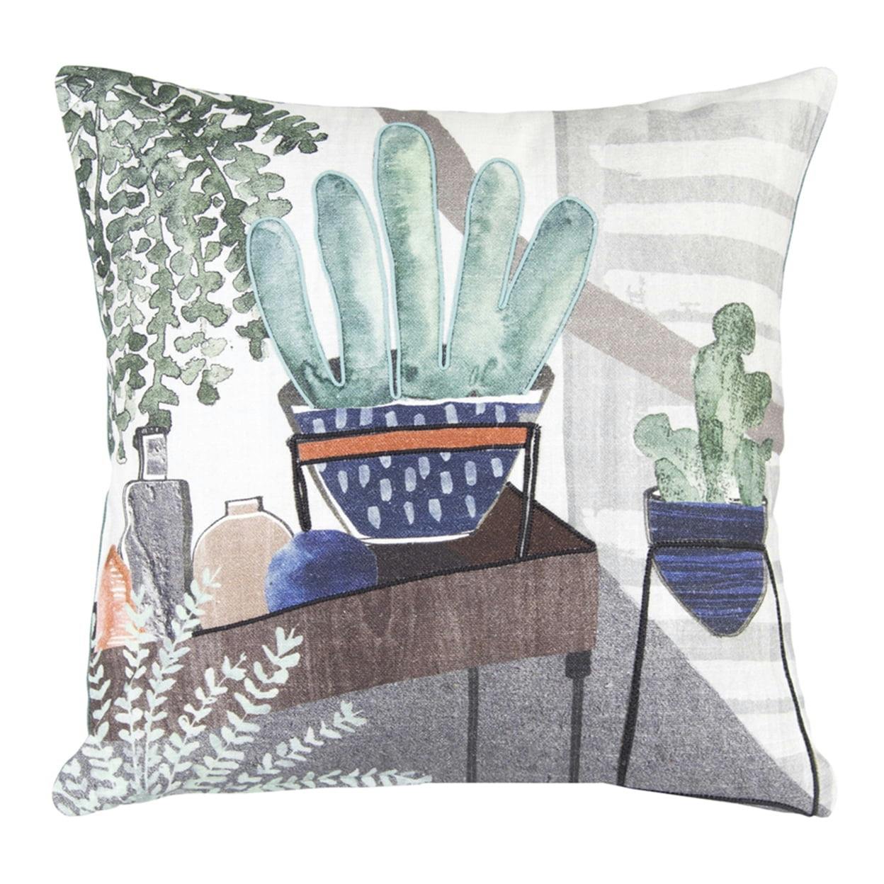Serene Cactus Oasis Cotton Throw Pillow Set, 15" Square in Green and Grey