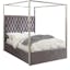 Regal Grey Velvet Tufted Queen Canopy Bed with Chrome Frame