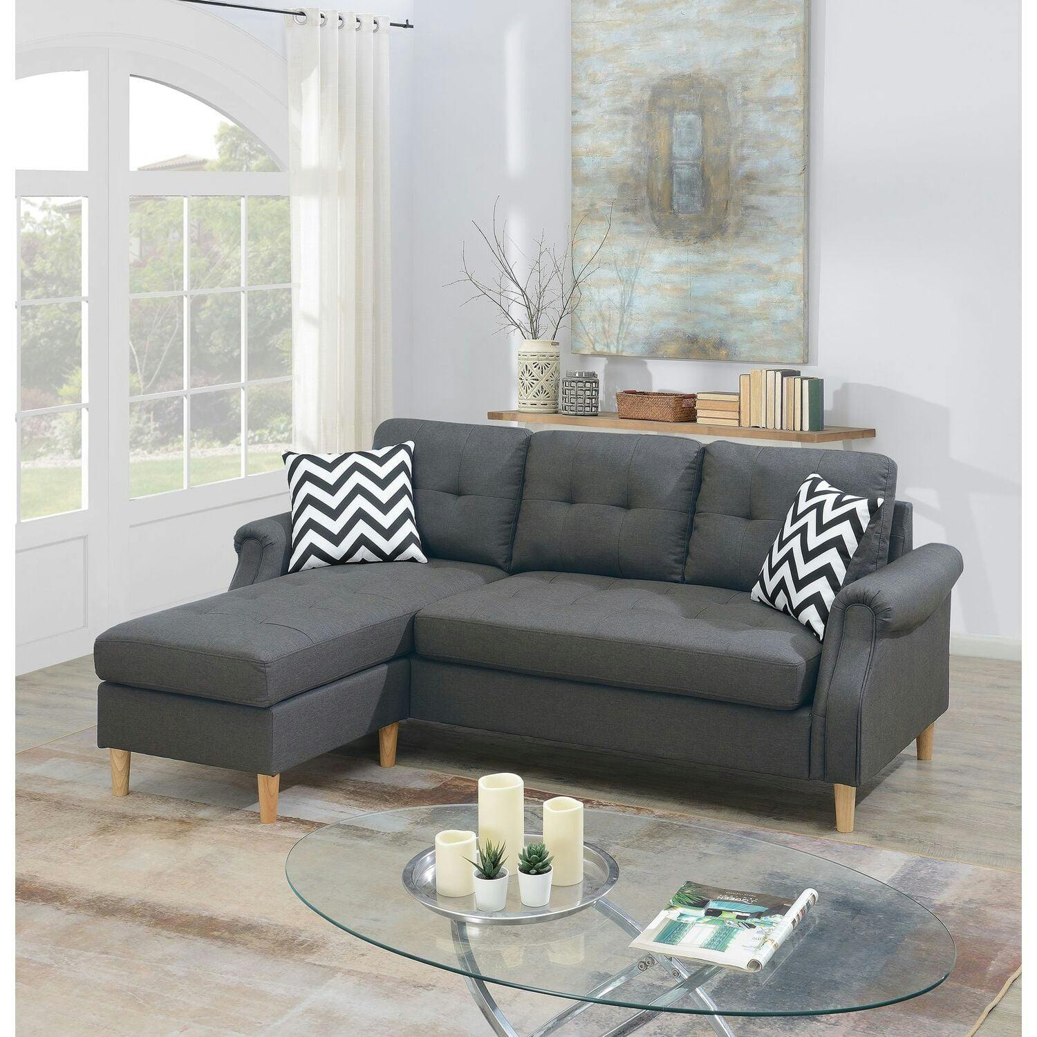 Cozy Contemporary Blue Gray Linen Sectional with Ottoman