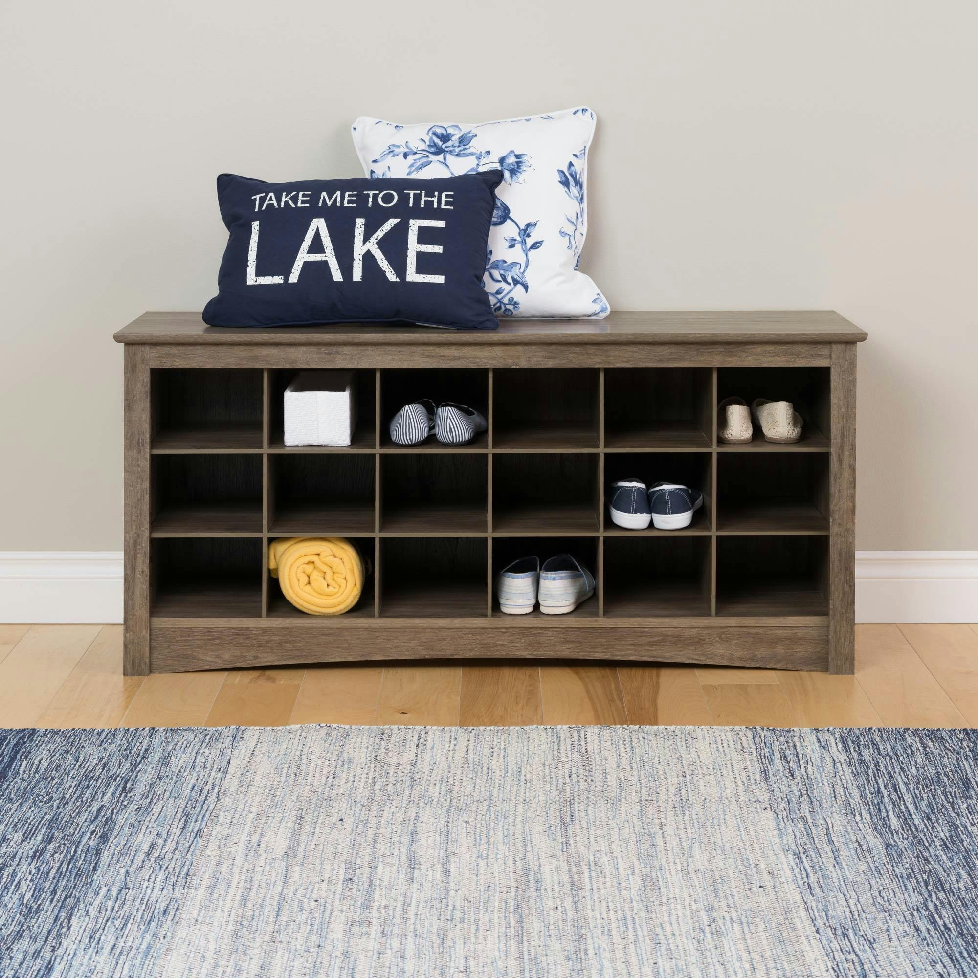 Drifted Gray Entryway Shoe Storage Bench with 18 Cubbies