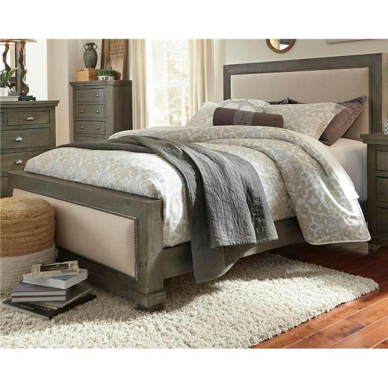 Transitional Gray Pine King Panel Bed with Upholstered Headboard