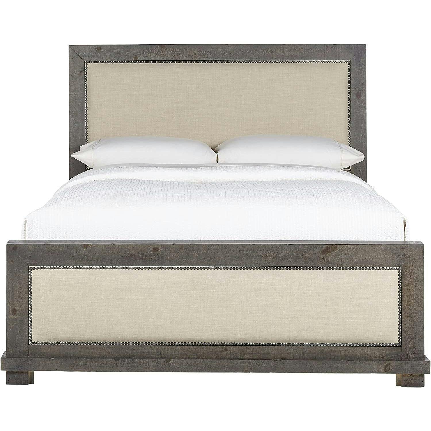 Transitional Beige & Gray Queen Upholstered Bed with Nailhead Trim