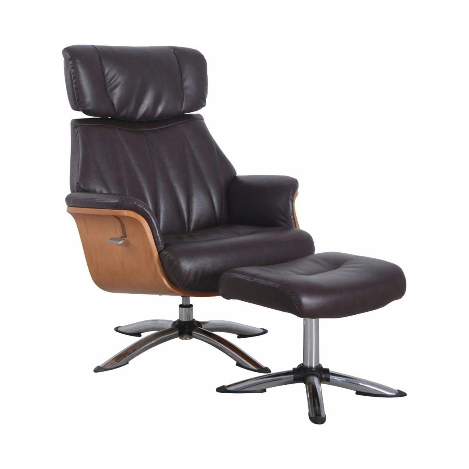 Espresso Leather Swivel Recliner with Wood Accents