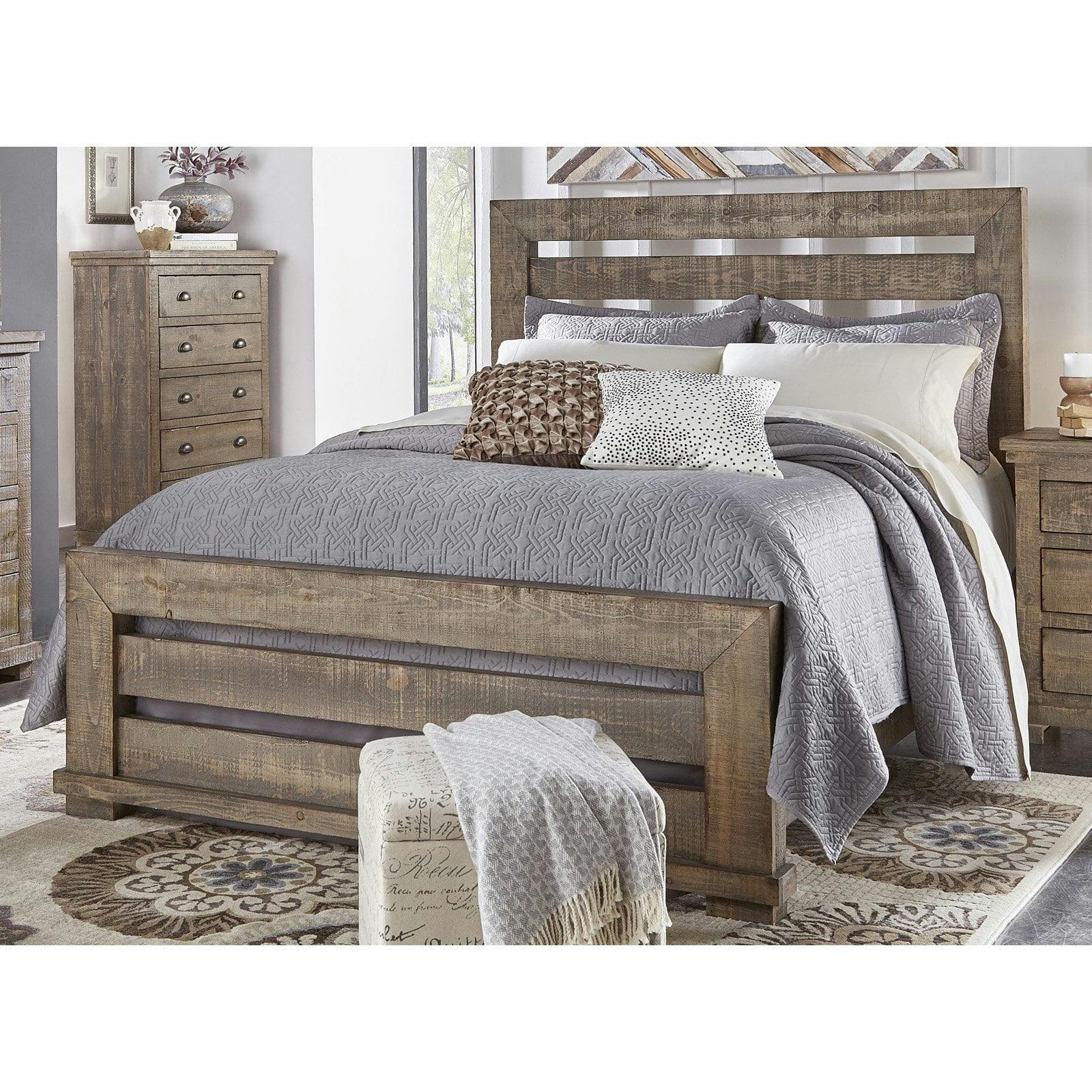 Rustic Pine Queen Panel Bed with Upholstered Headboard and Storage