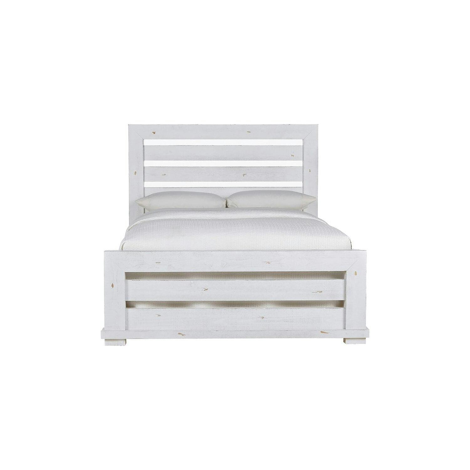 Rustic White Pine Queen Panel Bed with Upholstered Headboard