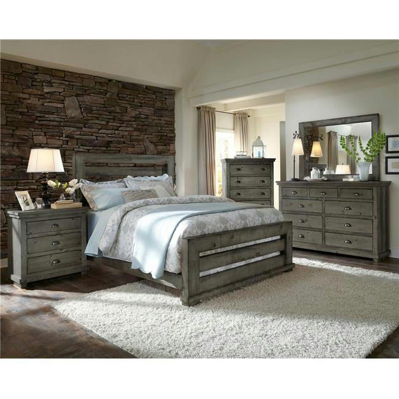 Willow Distressed Dark Gray King Upholstered Bed with Nailhead Trim
