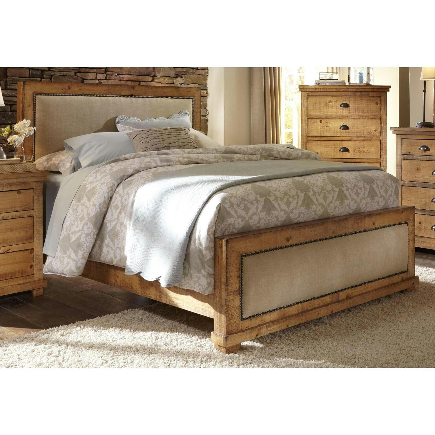 Willow Distressed Pine Queen Upholstered Bed with Nailhead Trim