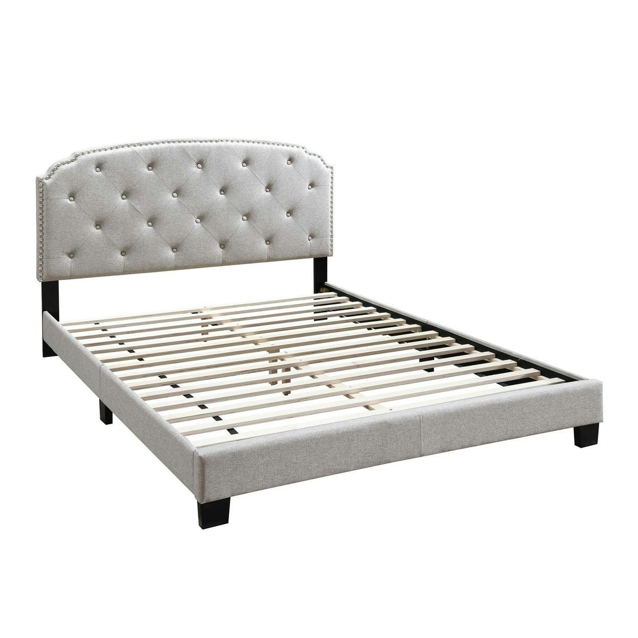 Elegant Queen Upholstered Bed with Scalloped Headboard and Nailhead Trim