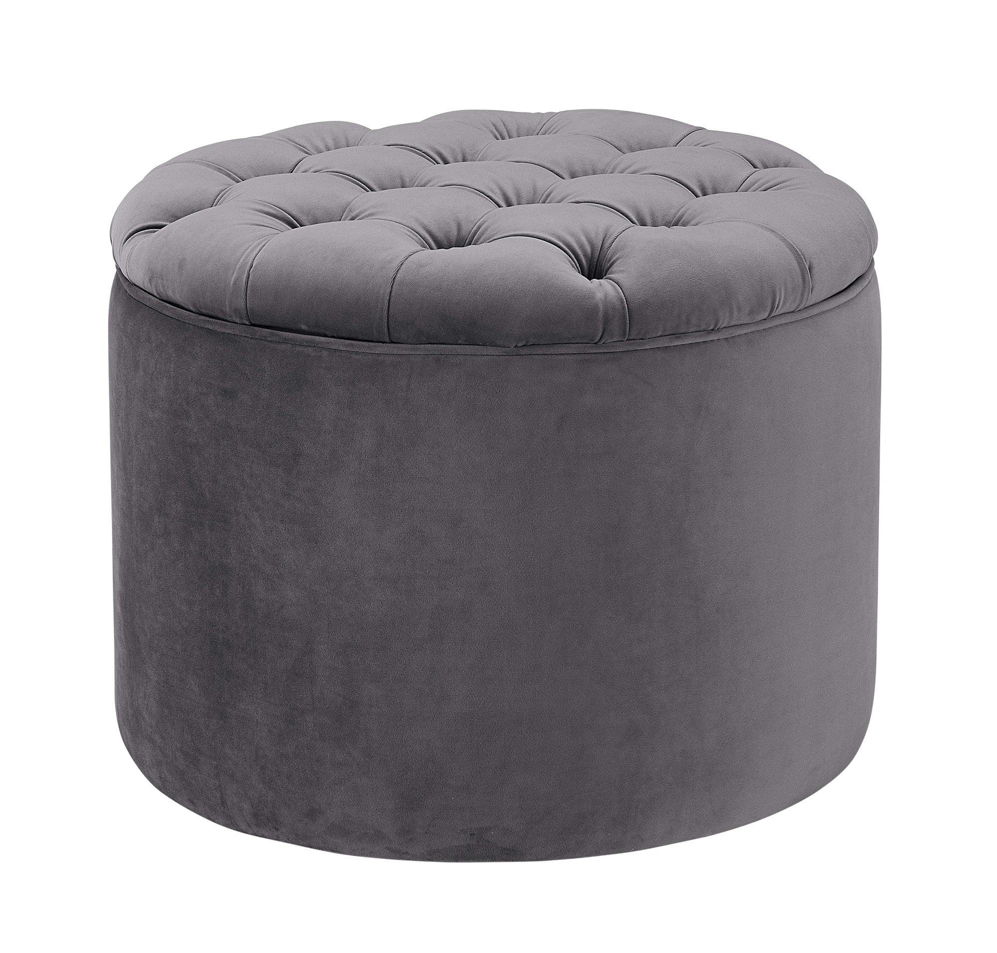 Contemporary Grey Velvet Tufted Round Storage Ottoman