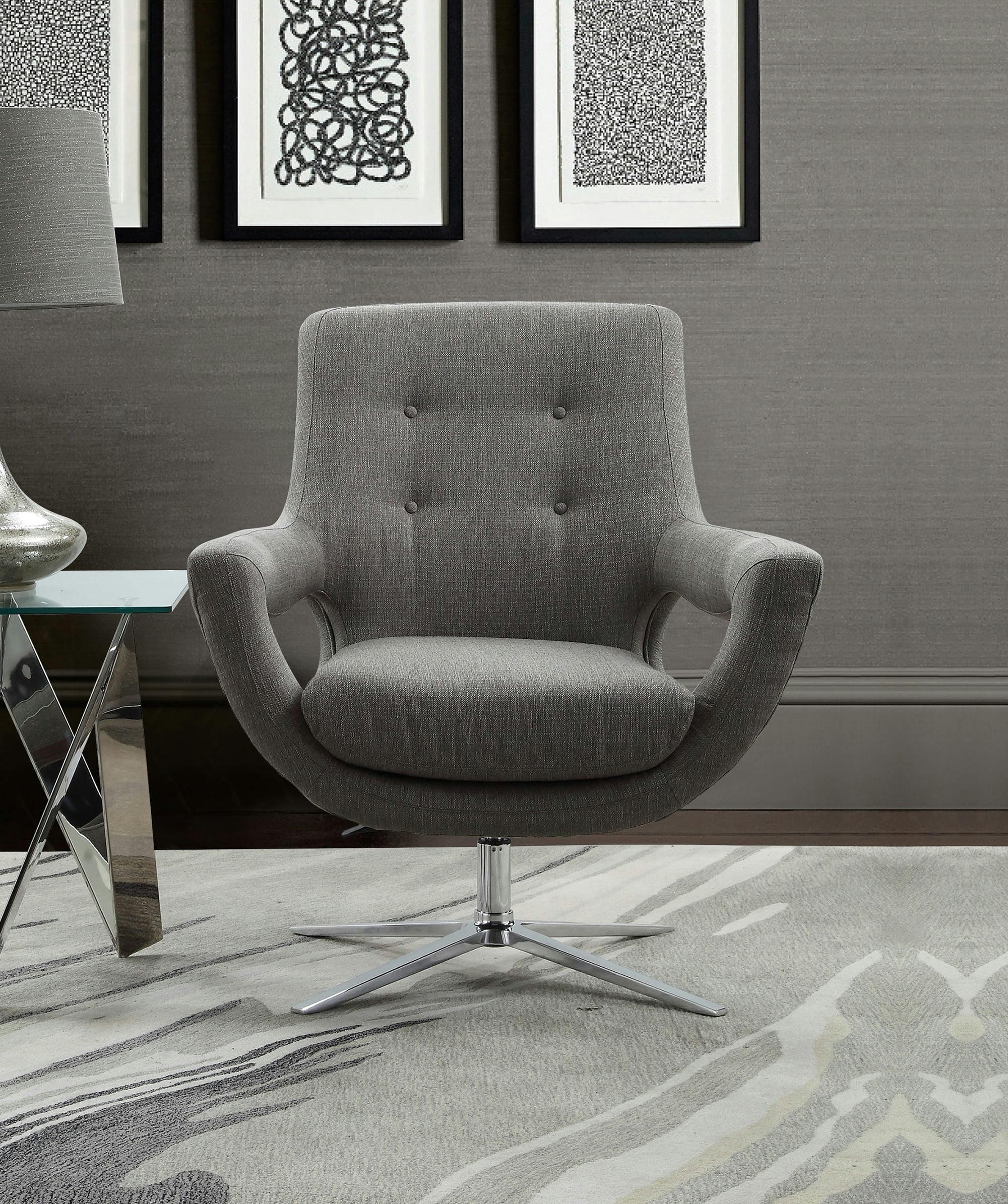 Quinn Contemporary Swivel Accent Chair in Warm Gray with Polished Chrome