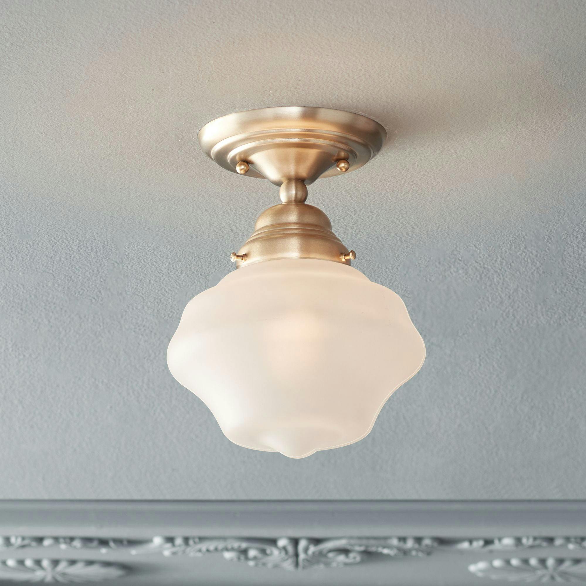 Classic Schoolhouse 14'' Brass & White Glass Semi-Flush Ceiling Light