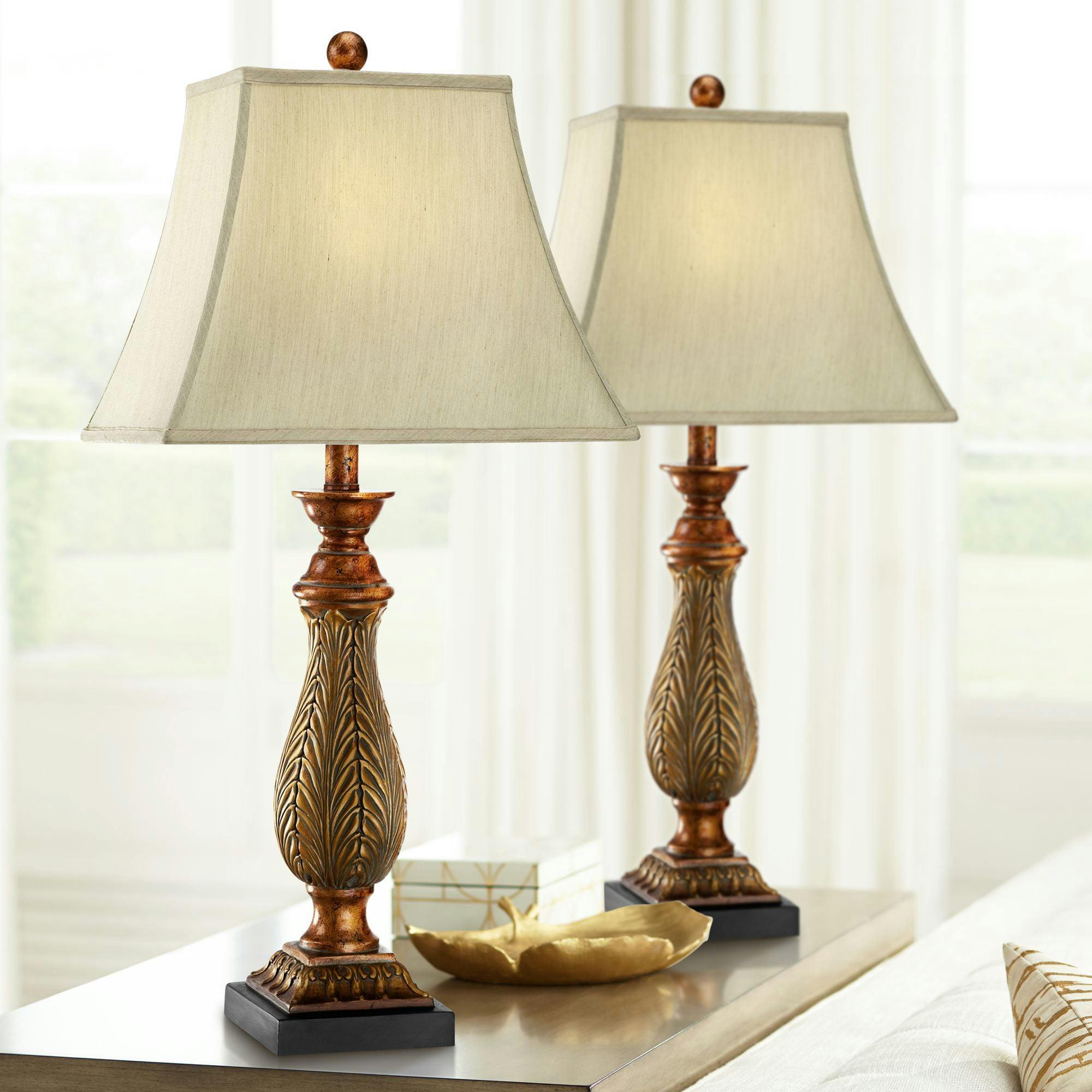 Acanthus-Inspired Gold Leaf Dual Table Lamp Set with Linen Shades