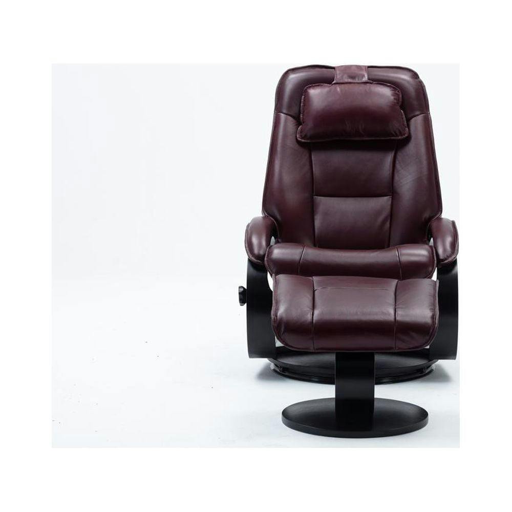 Transitional Merlot Top Grain Leather Swivel Recliner with Ottoman