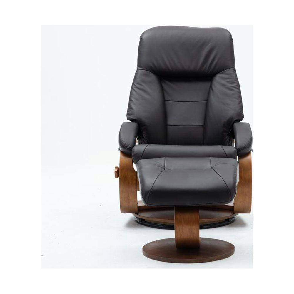 Transitional Brown Leather Swivel Recliner with Walnut Wood Frame