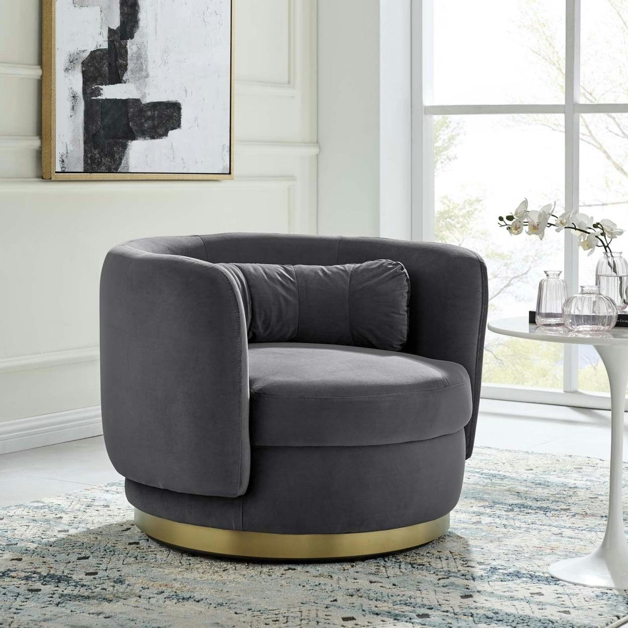 Glam Deco Gold Metal & Gray Velvet Swivel Accent Chair