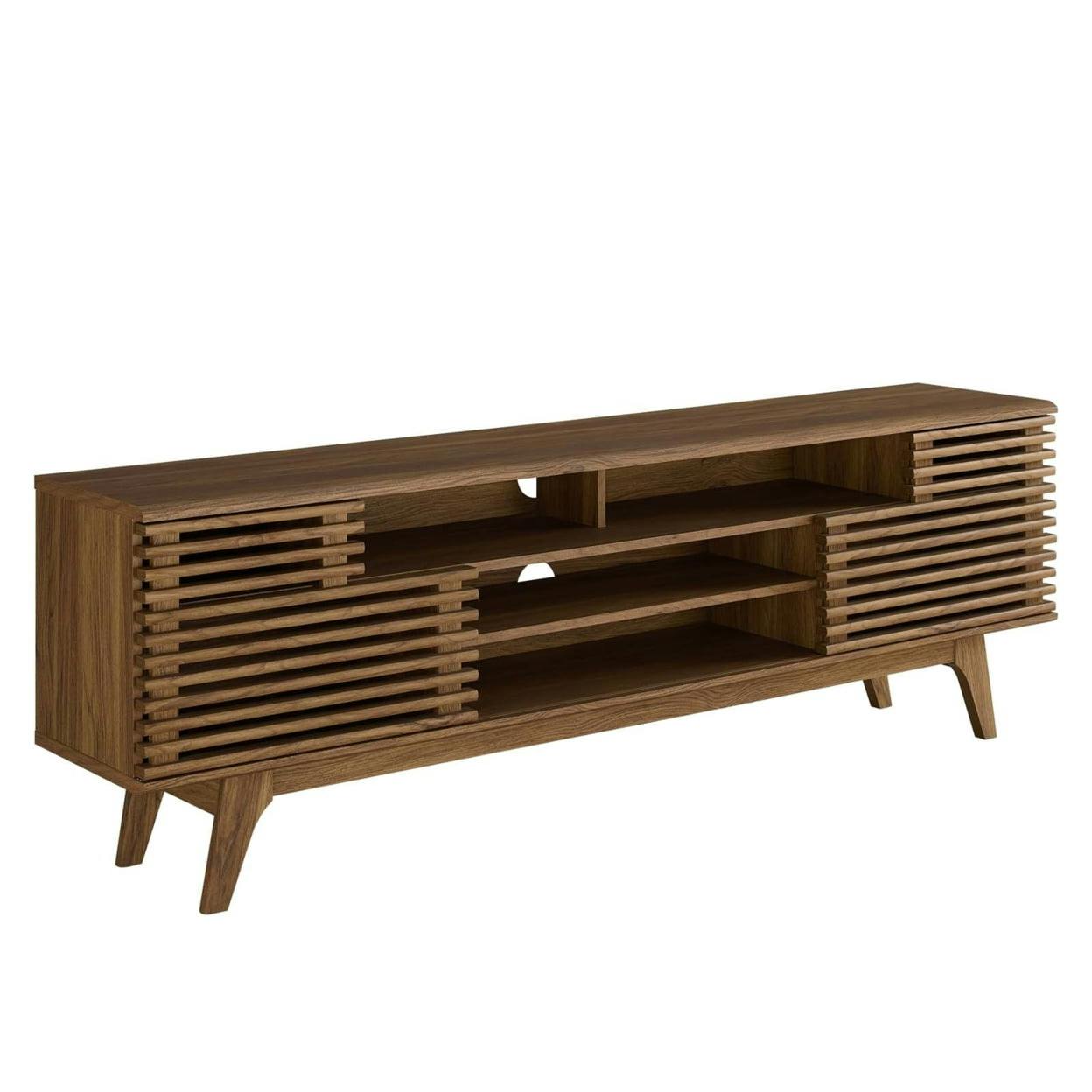 Mid-Century Walnut Media Console with Sliding Doors and Cable Management
