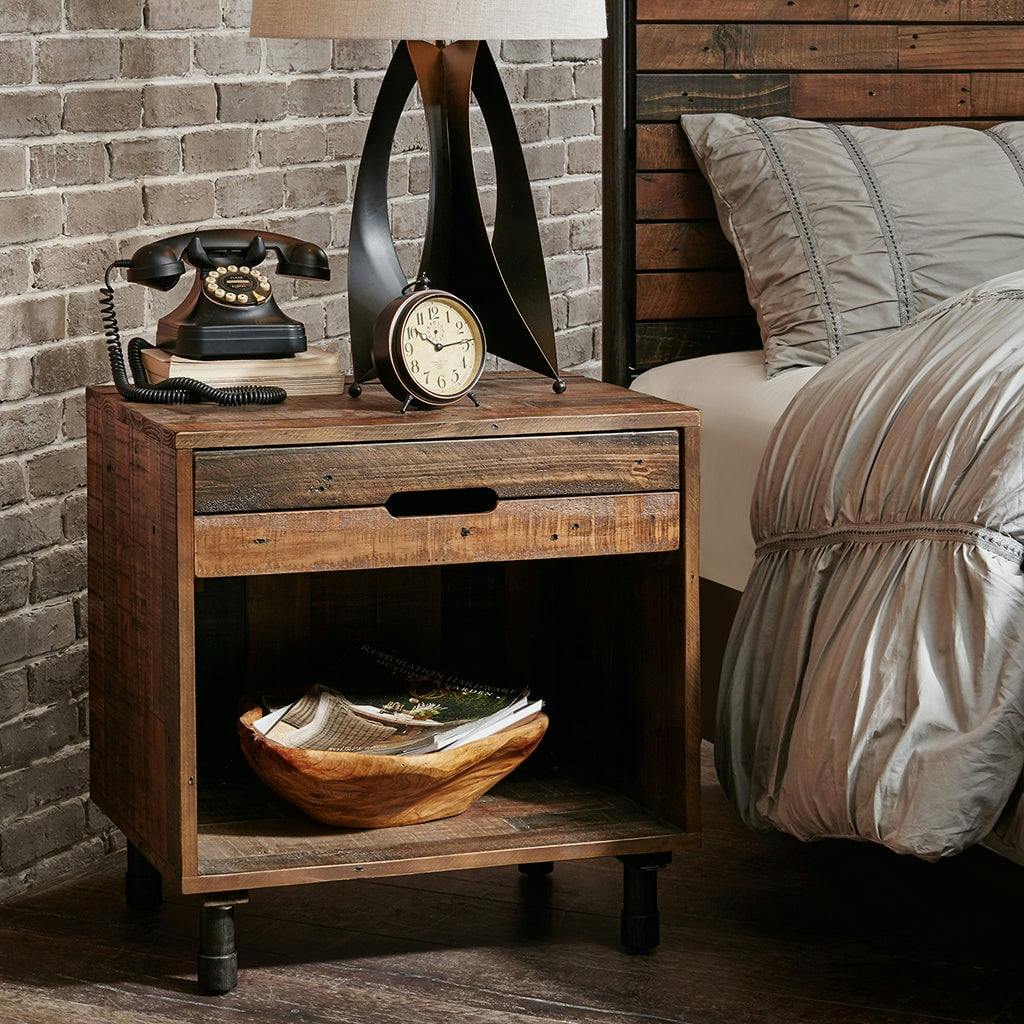 Rustic Industrial Pine Nightstand with Metal Accents, Light Brown