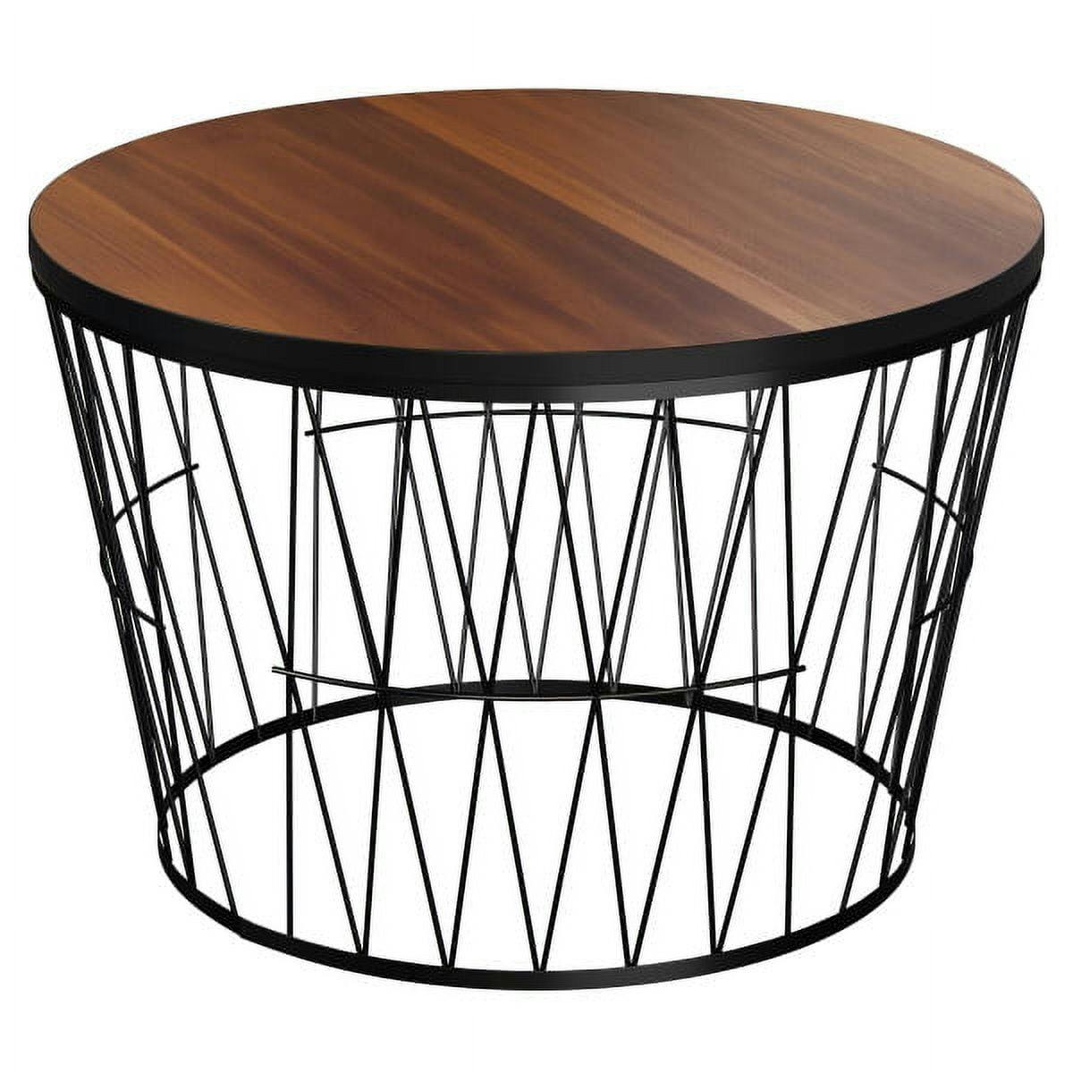 Mid-Century Modern Round Walnut & Black Coffee Table with Geometric Base