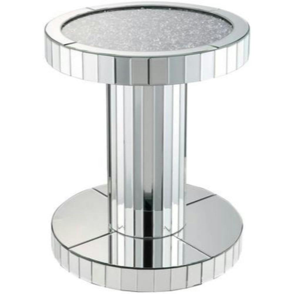 Luxurious Round Mirrored & Wood End Table with Glass Stone Inlay