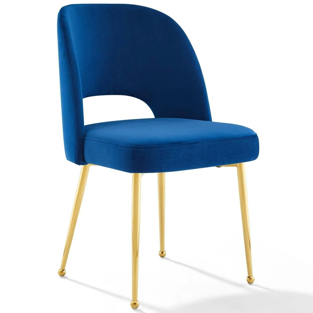 Navy Luxe Velvet and Gold Metal Mid-Century Side Chair