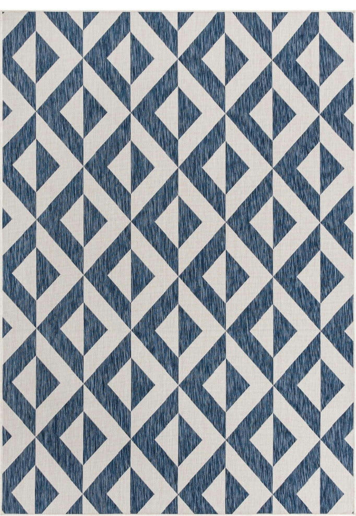 Reversible Geometric Blue Synthetic Outdoor Rug 7'1" x 10'
