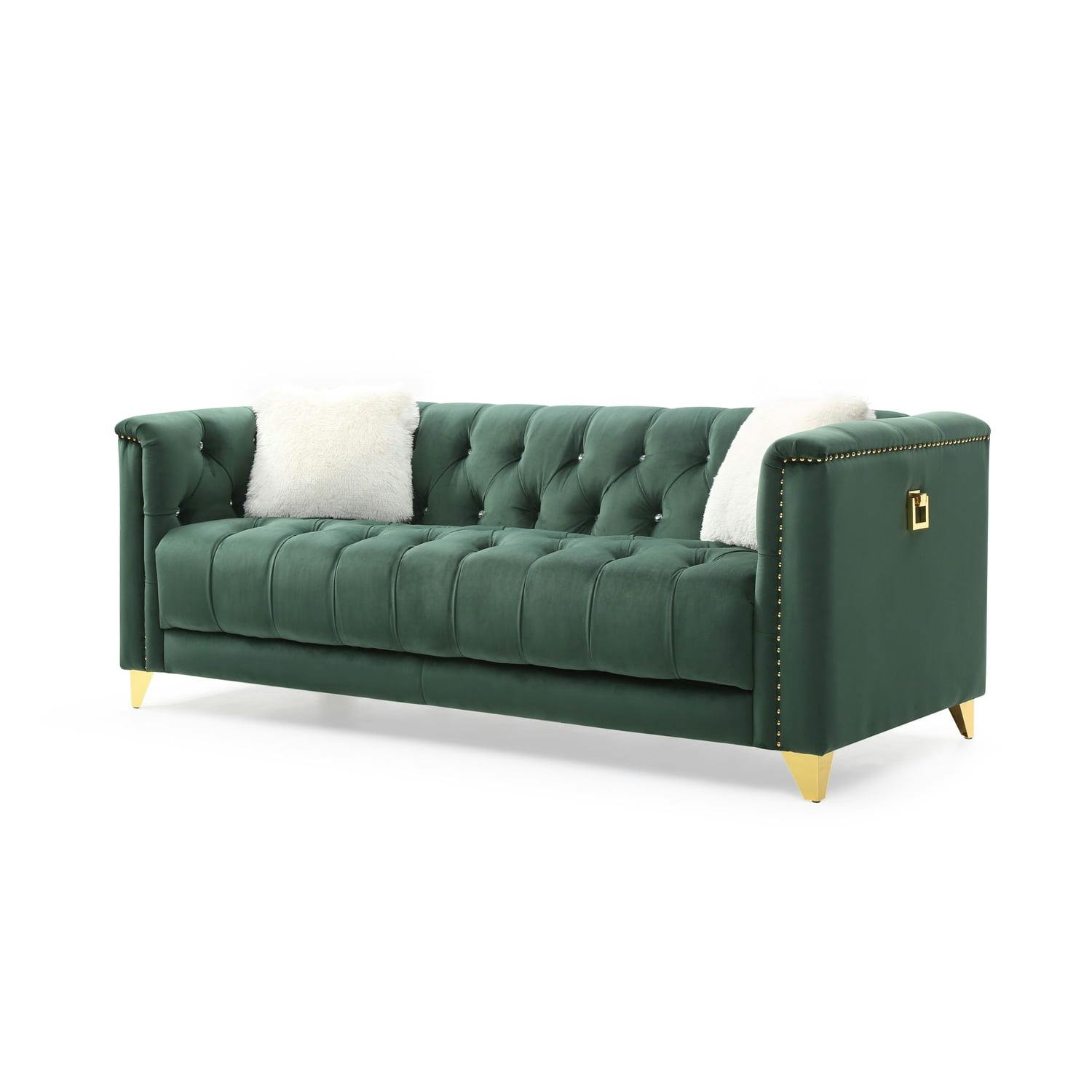 Elegant 88'' Green Velvet Tufted Sofa with Nailhead Accents and Wood Frame