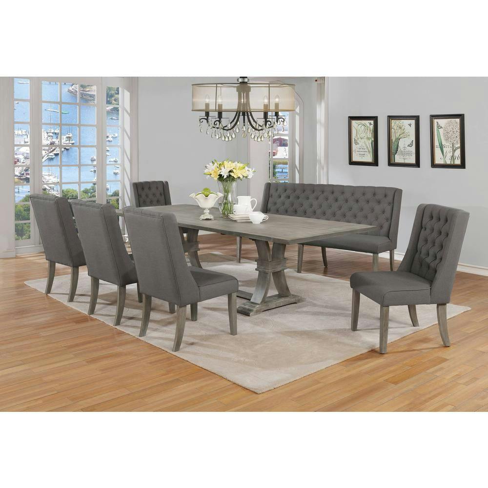 Rustic Gray Extendable Trestle Dining Set with Linen Chairs & Bench