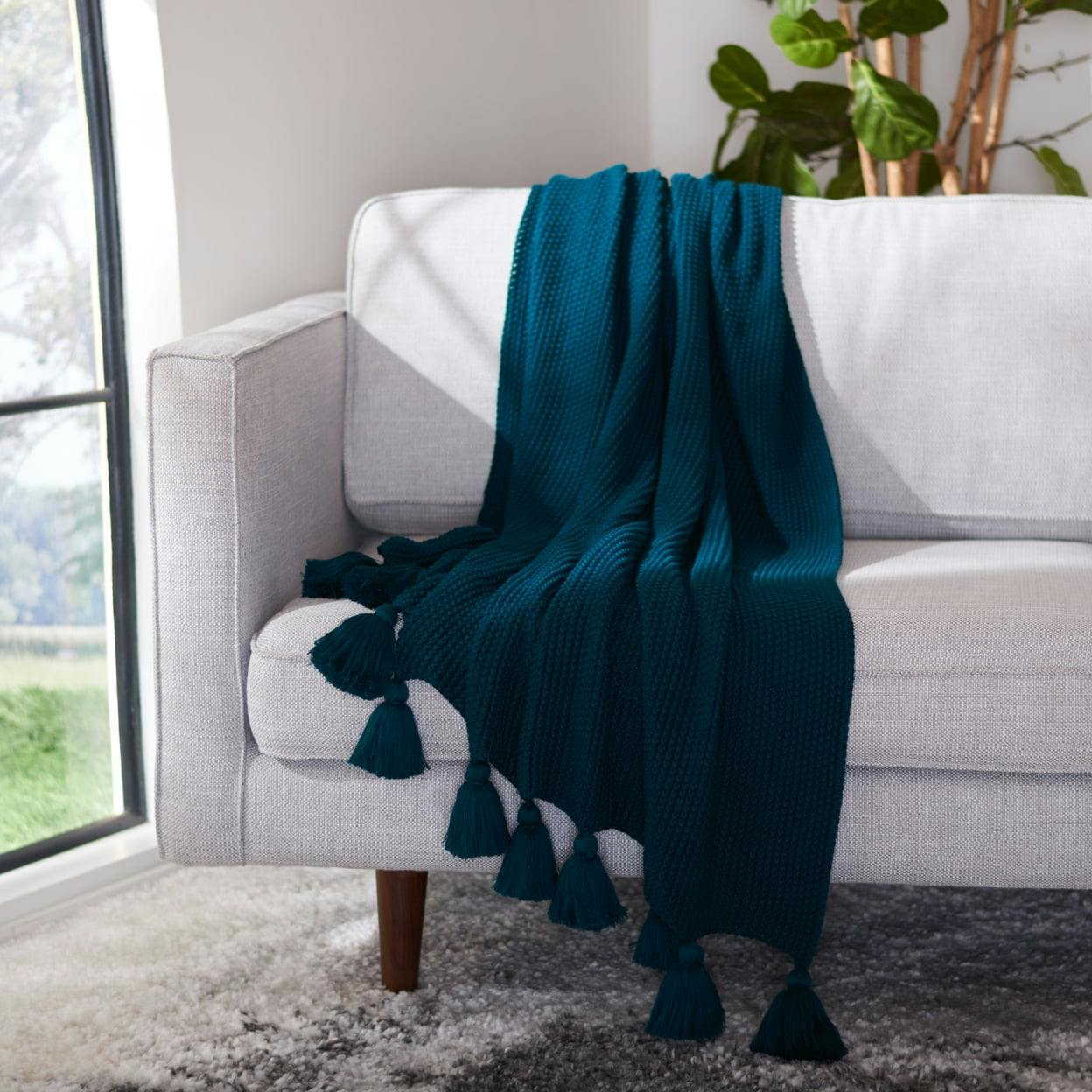 Tasseled Turquoise Cotton Knit Throw Blanket 24"x15"