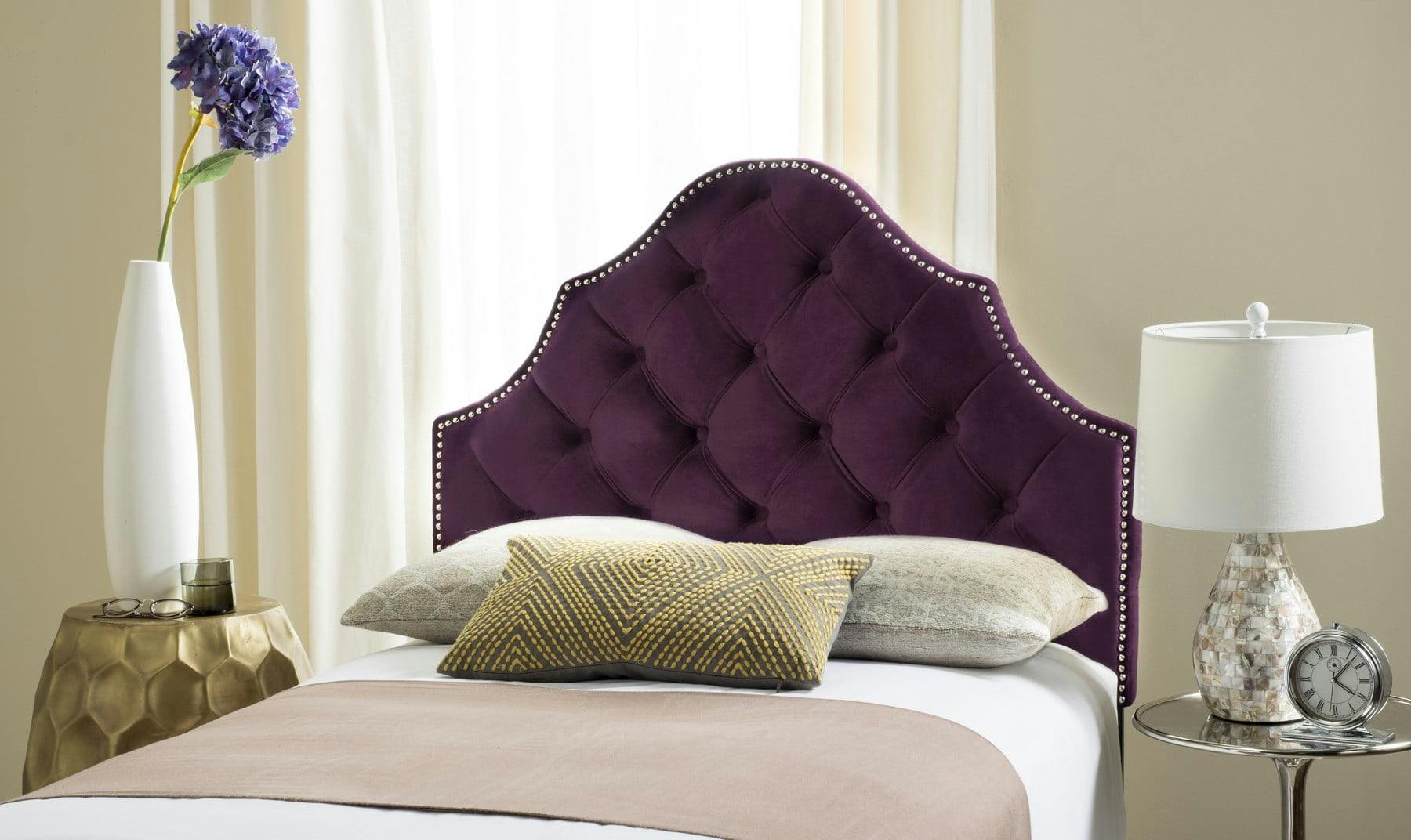 Transitional Aubergine Velvet Tufted Twin Headboard with Nailhead Detail