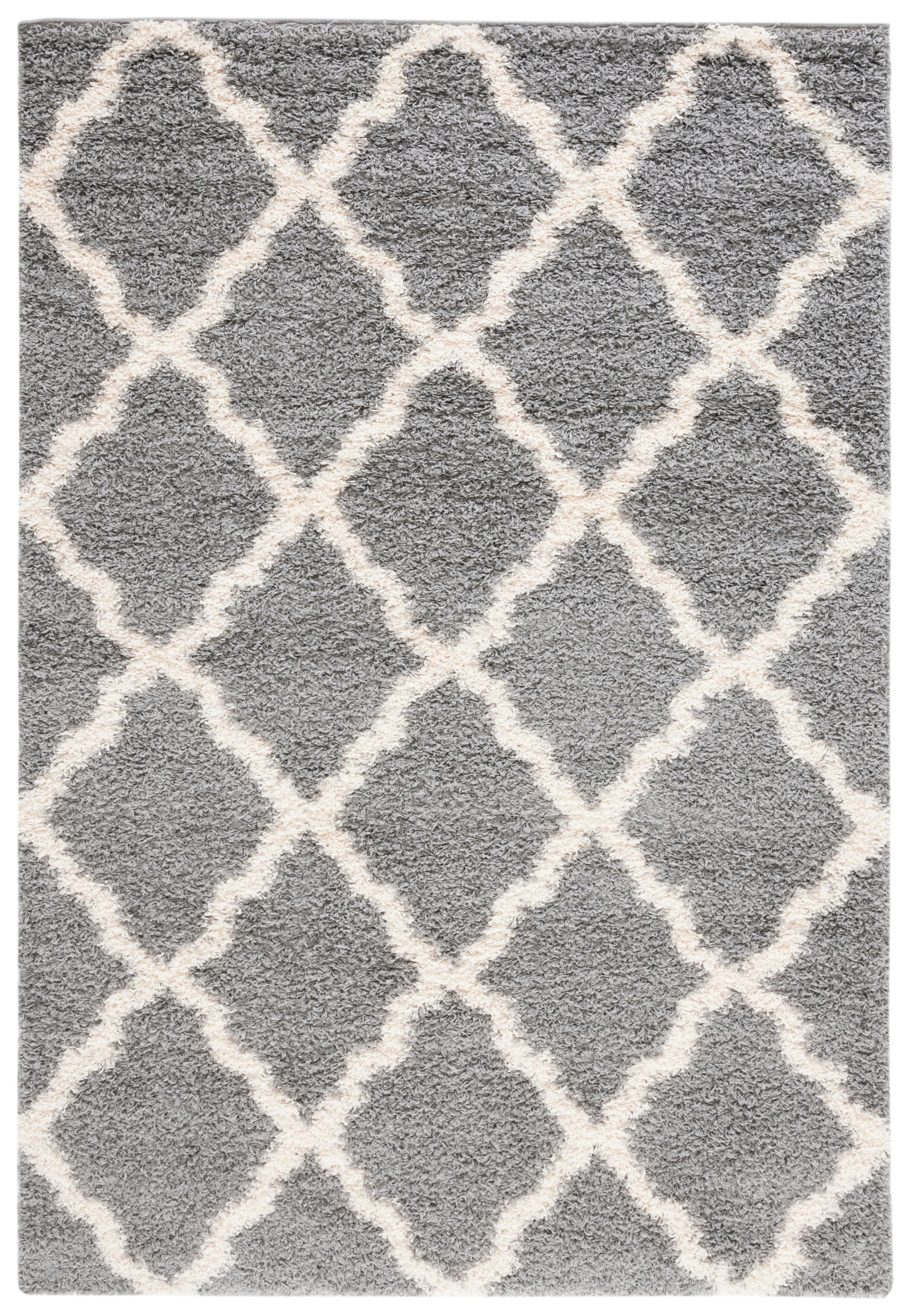 Ivory and Grey Geometric Shag Rug, Synthetic 5'1" x 7'6"