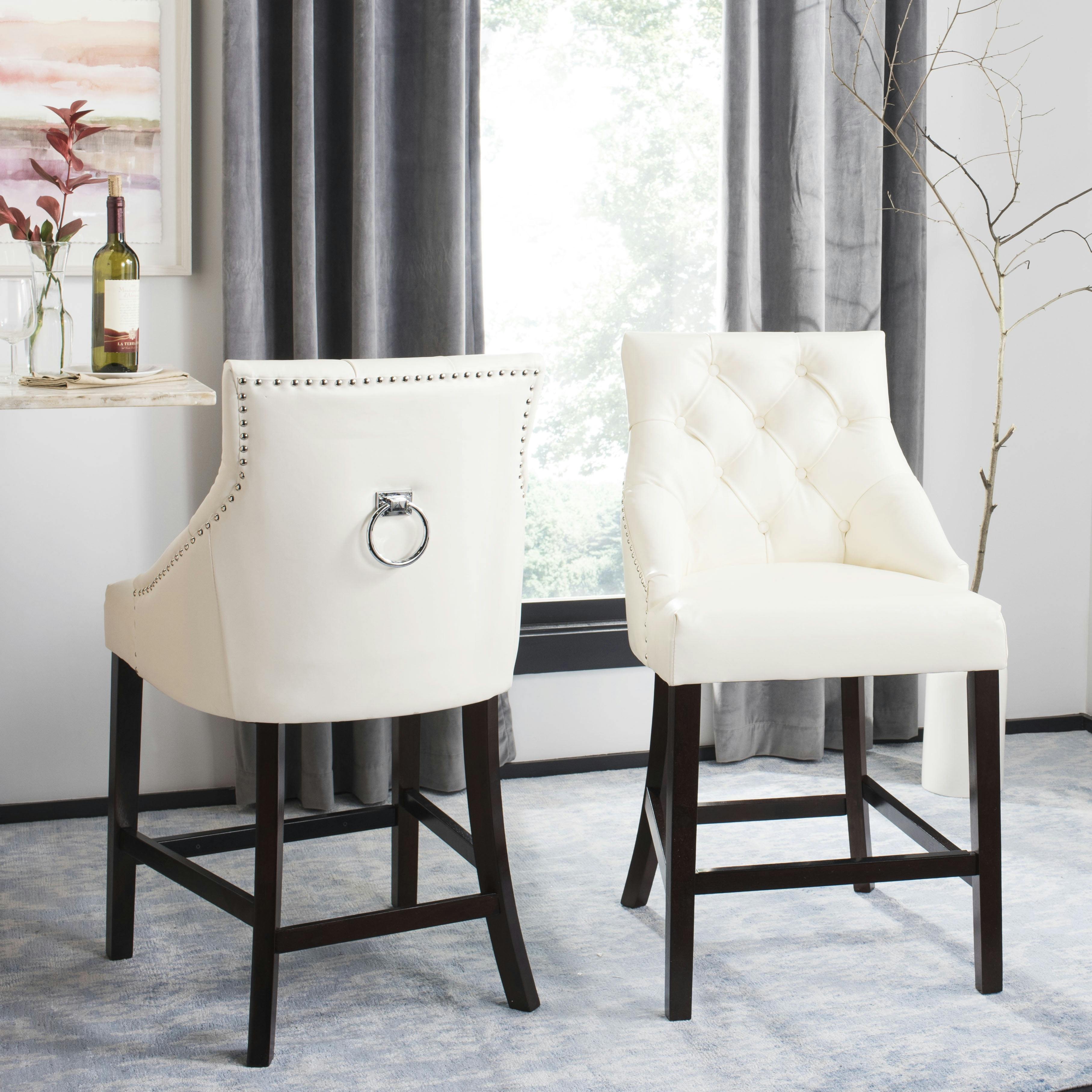 Eleni Transitional White Leather Wingback Counter Stool with Chrome Details