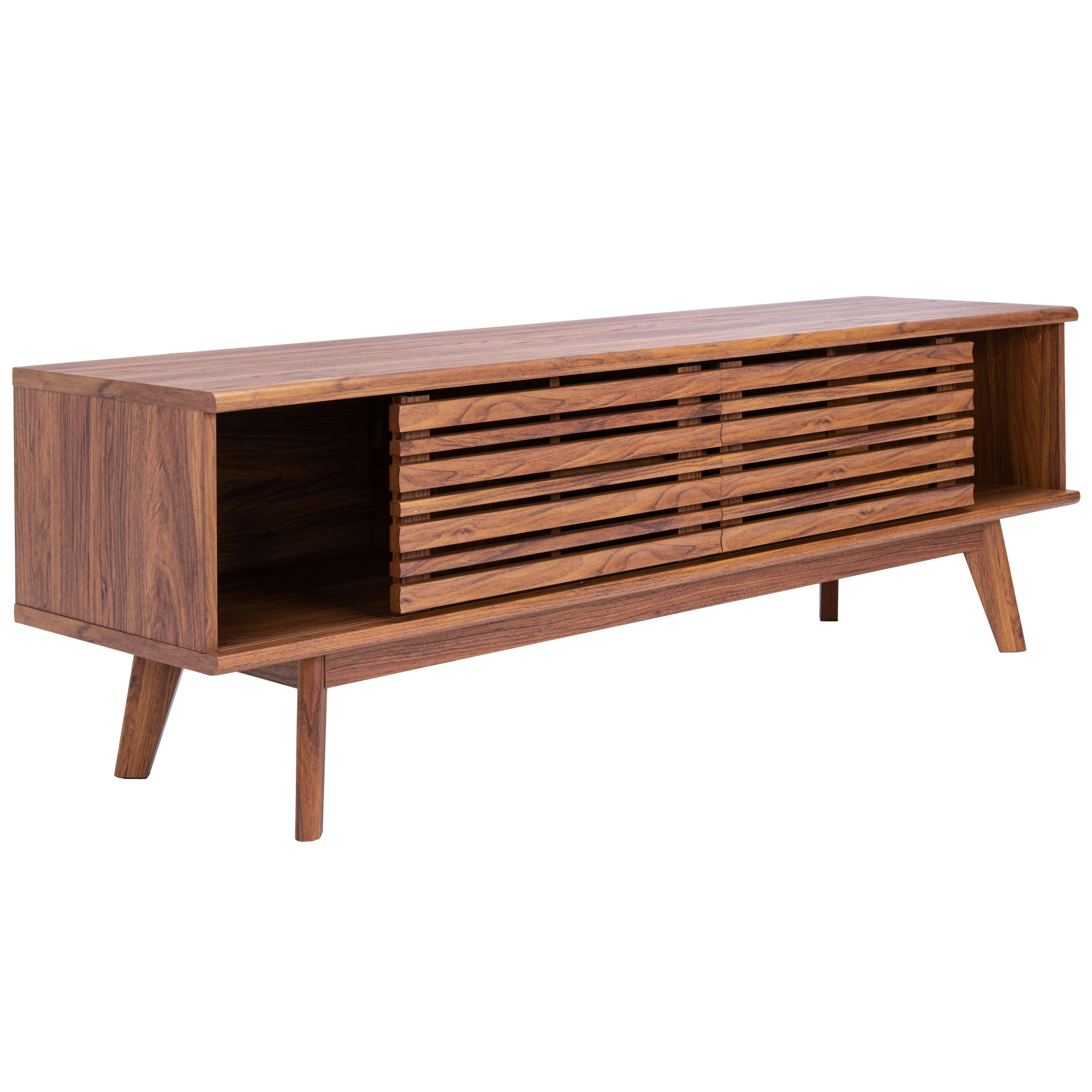 Retro Chic Walnut Media Stand with Splayed Legs and Slatted Doors