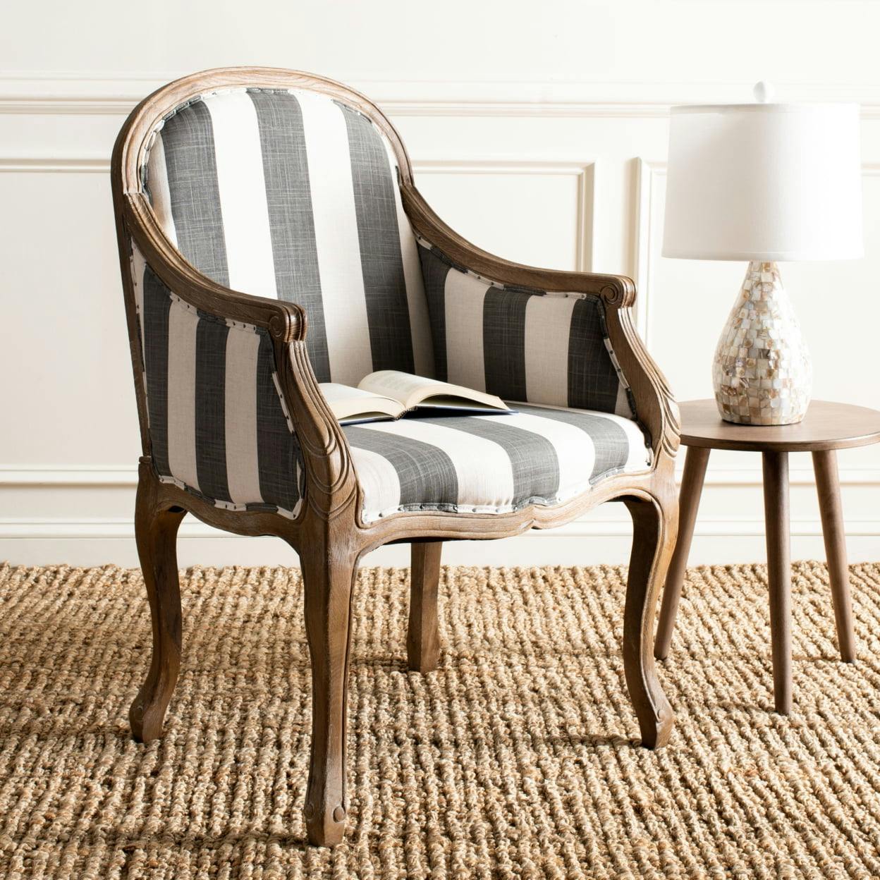 Transitional Esther Striped Arm Chair in Grey & White with Oak Frame