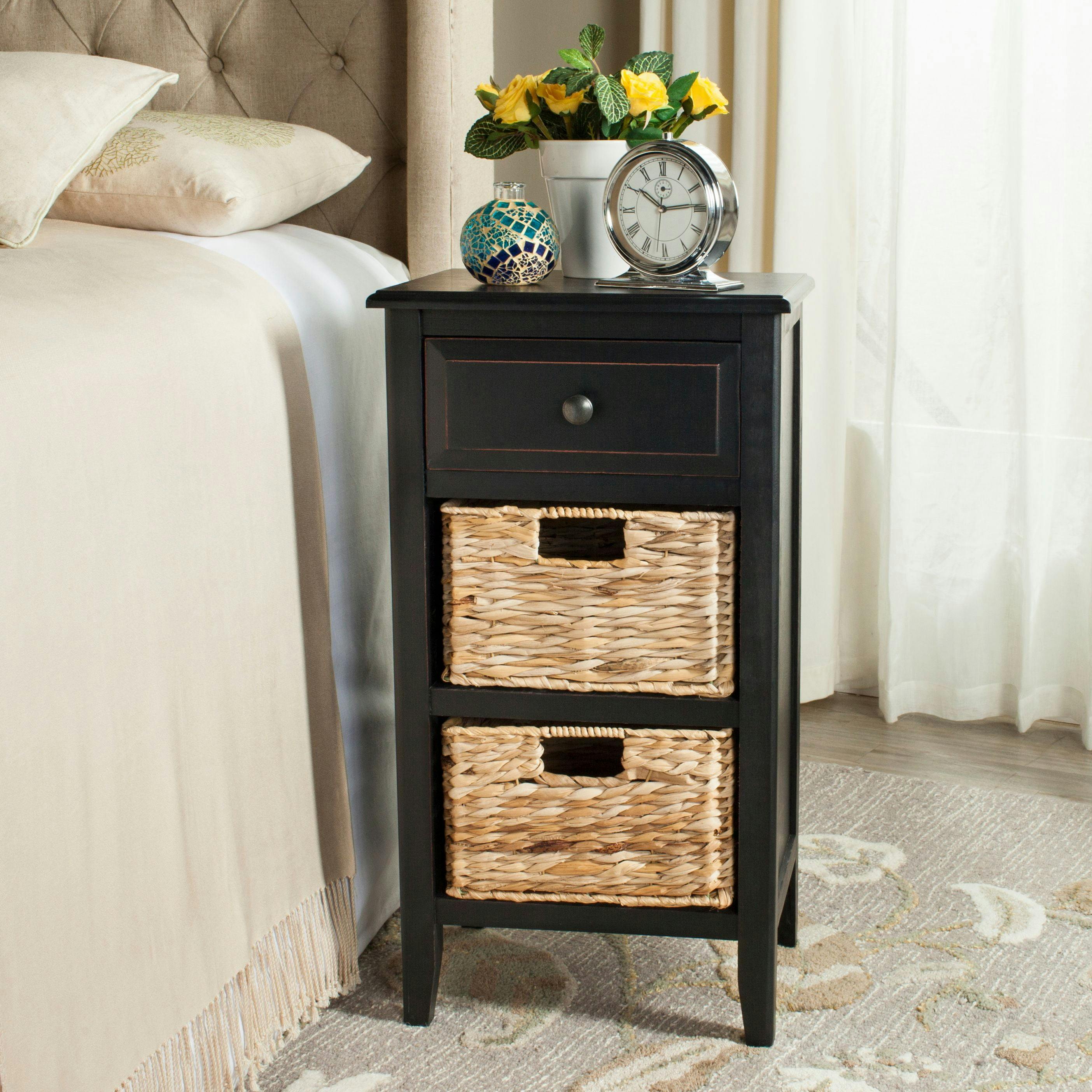 Transitional Gray Pine and Metal Side Table with 3 Drawers